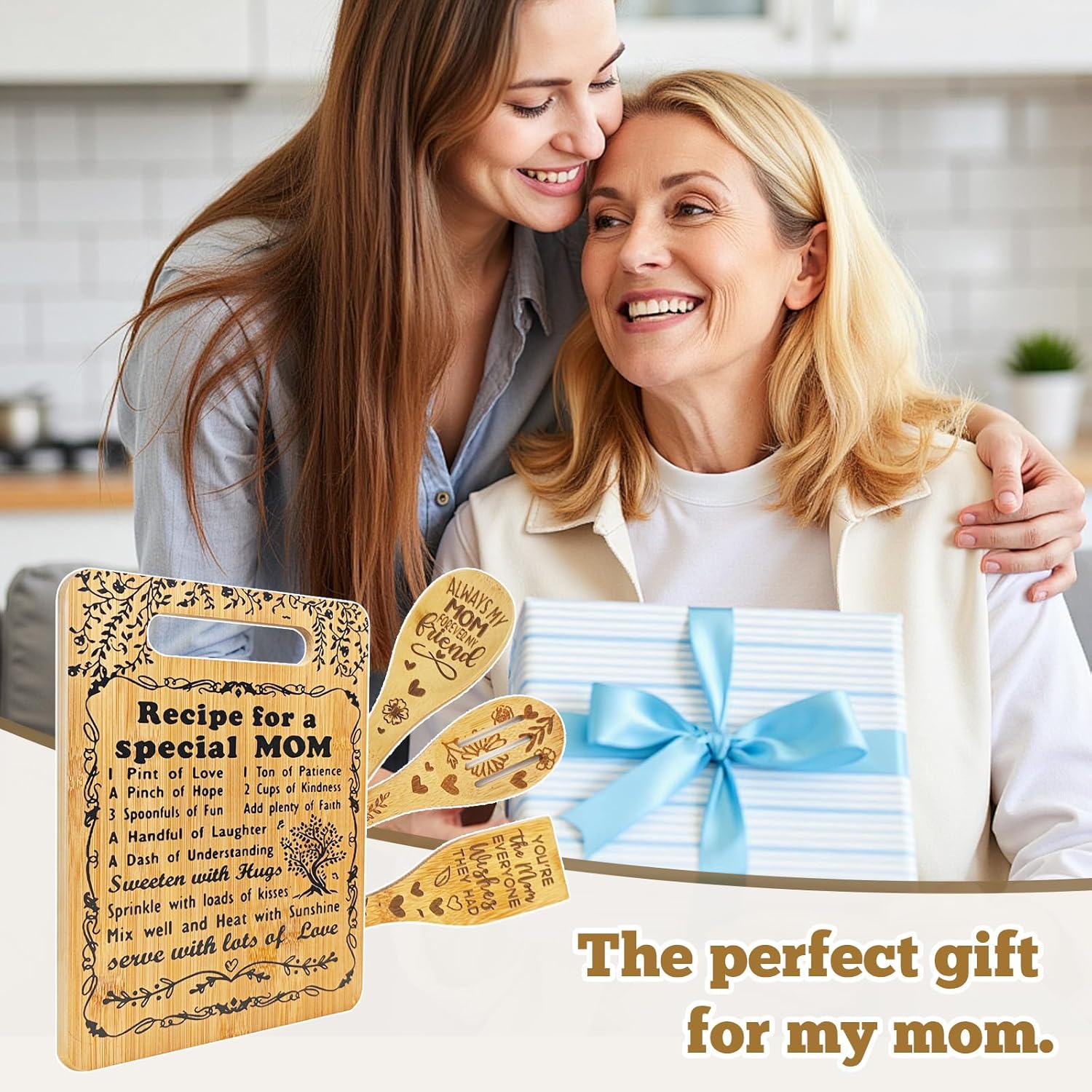 Mom Birthday Gifts - "Recipe for a Special Mom" Cutting Board Set, Mothers Day Gifts Bamboo-Made Engraved Utensil Set Sister Gifts from Daughter and Son