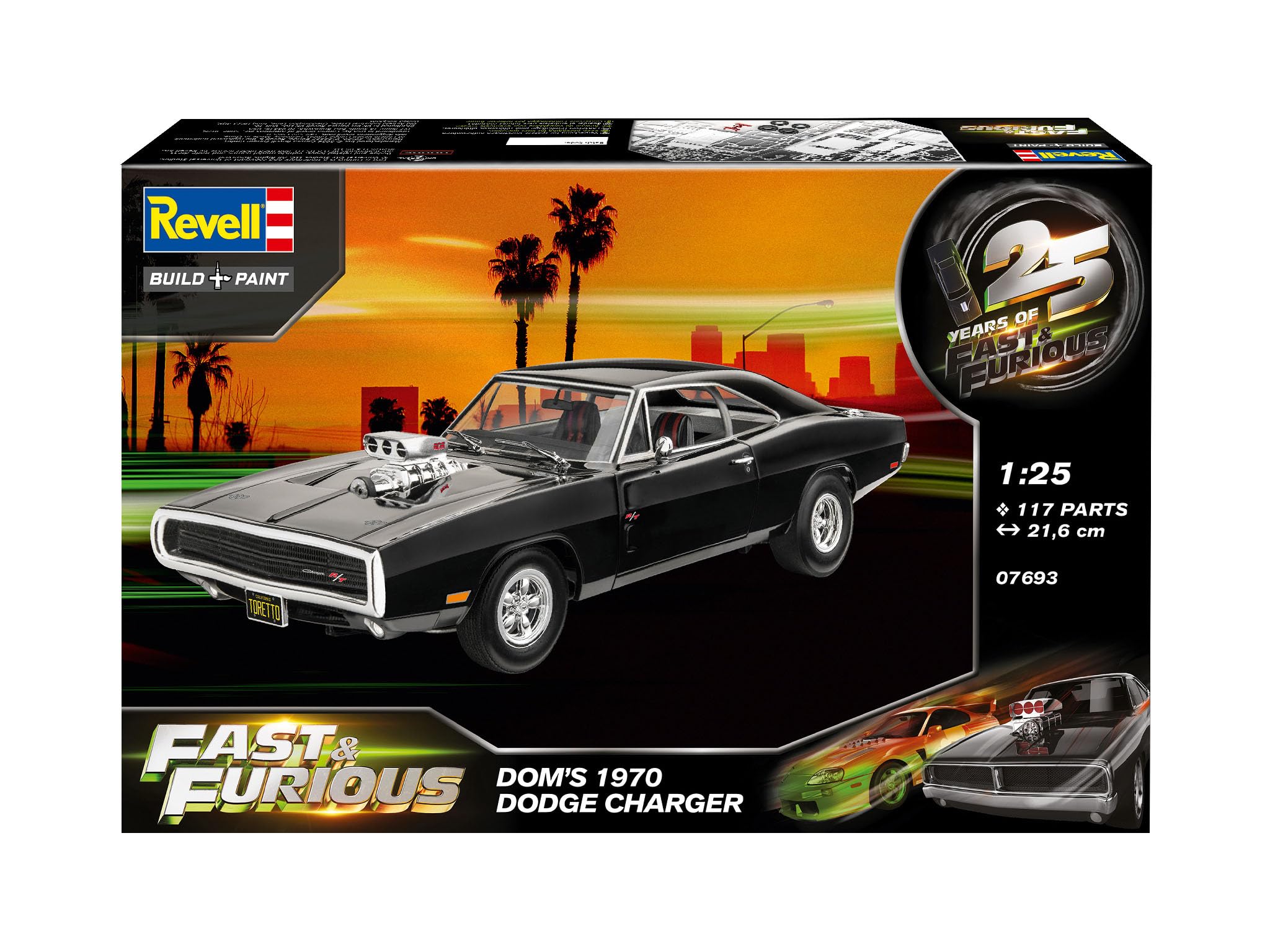 Revell 07693 Fast & Furious Dominics 1970 Dodge Charger, modello auto in scala 1:25 con la famosa serie di pellicole, 21,6 cm fedele all'originale modellino per professionisti, non verniciato