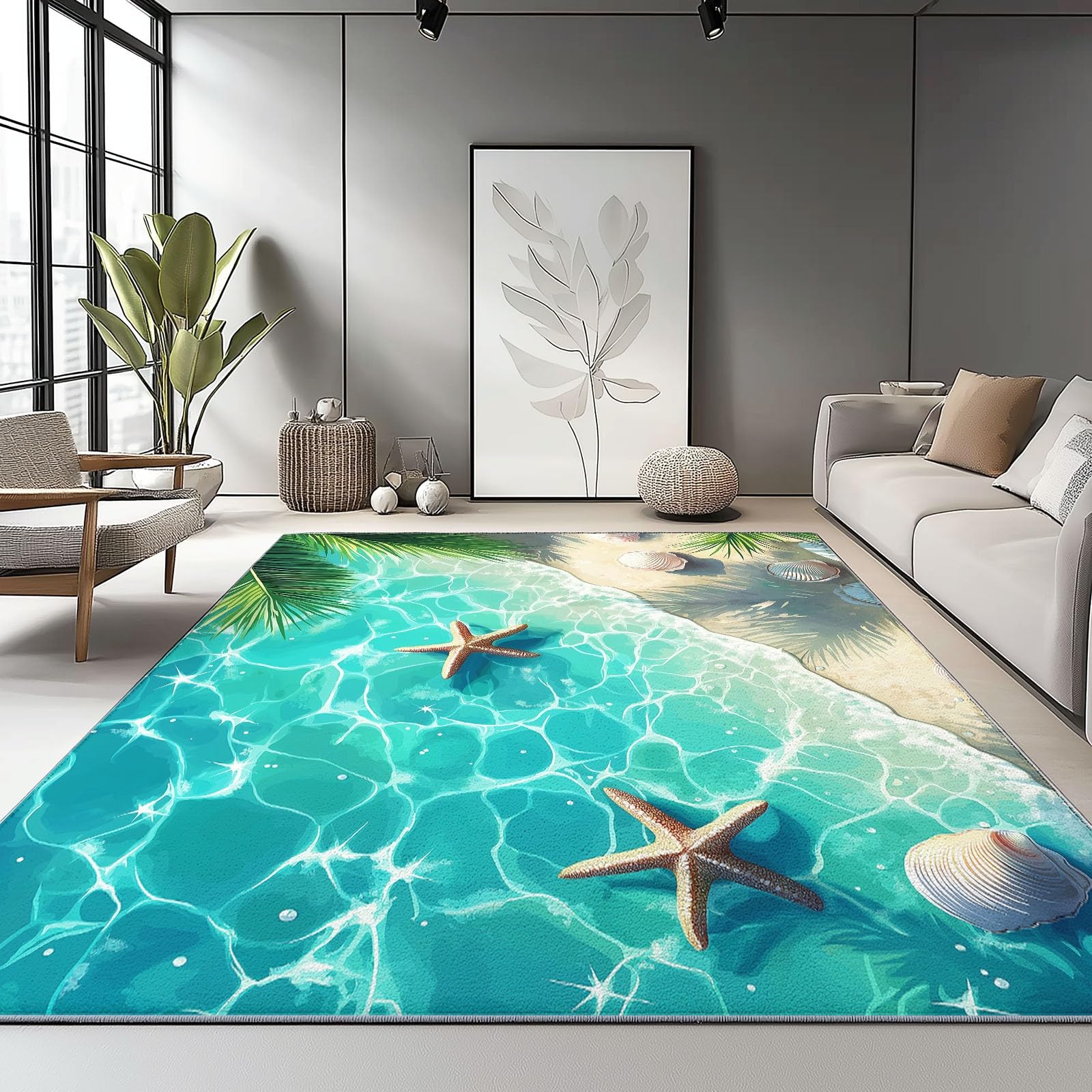 Tapis antidérapant lavable pour salle à manger bleu thème mer 140x200