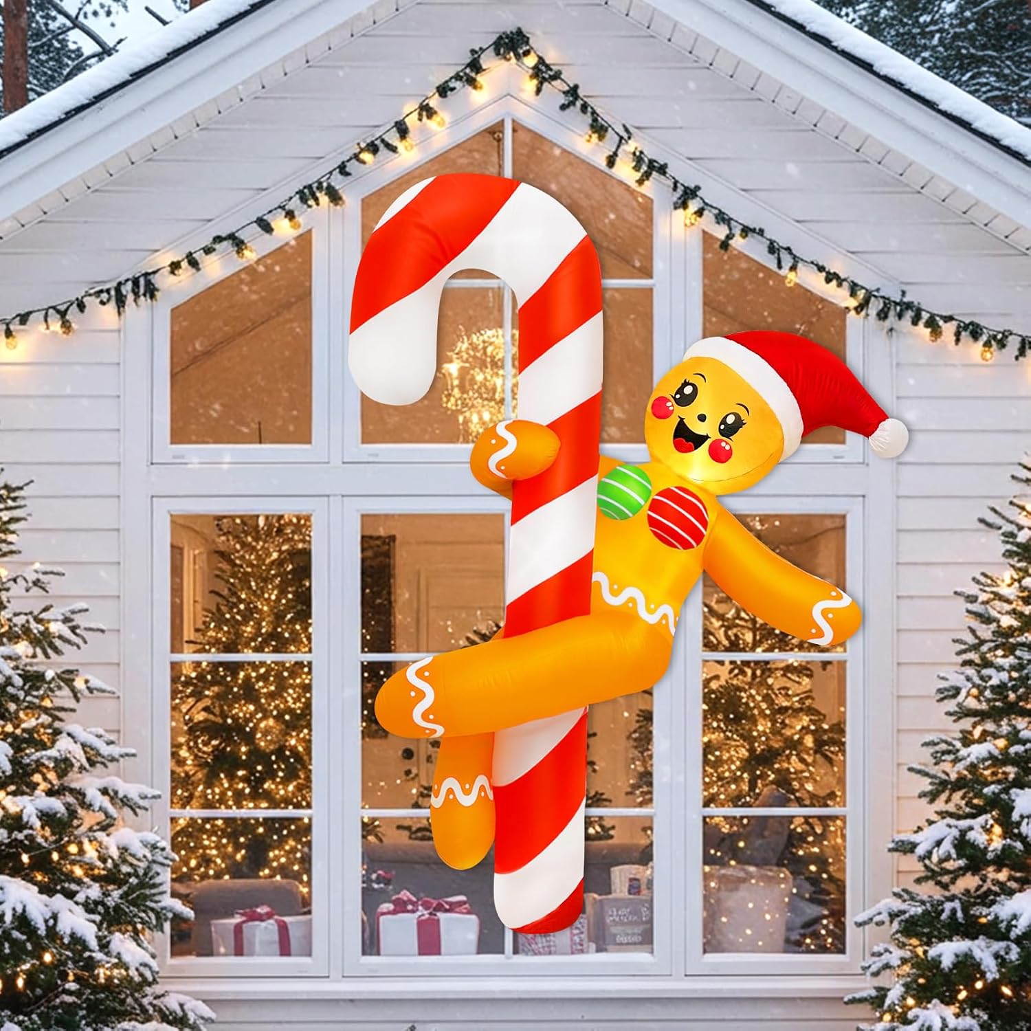 OurWarm 6 FT Funny Christmas Inflatables Outdoor, Gingerbread Inflatable Decorations Dance Around a Candy Cane Decor, Christmas Blow Up Yard Decorations for Lawn Indoor Garden Xmas Decor