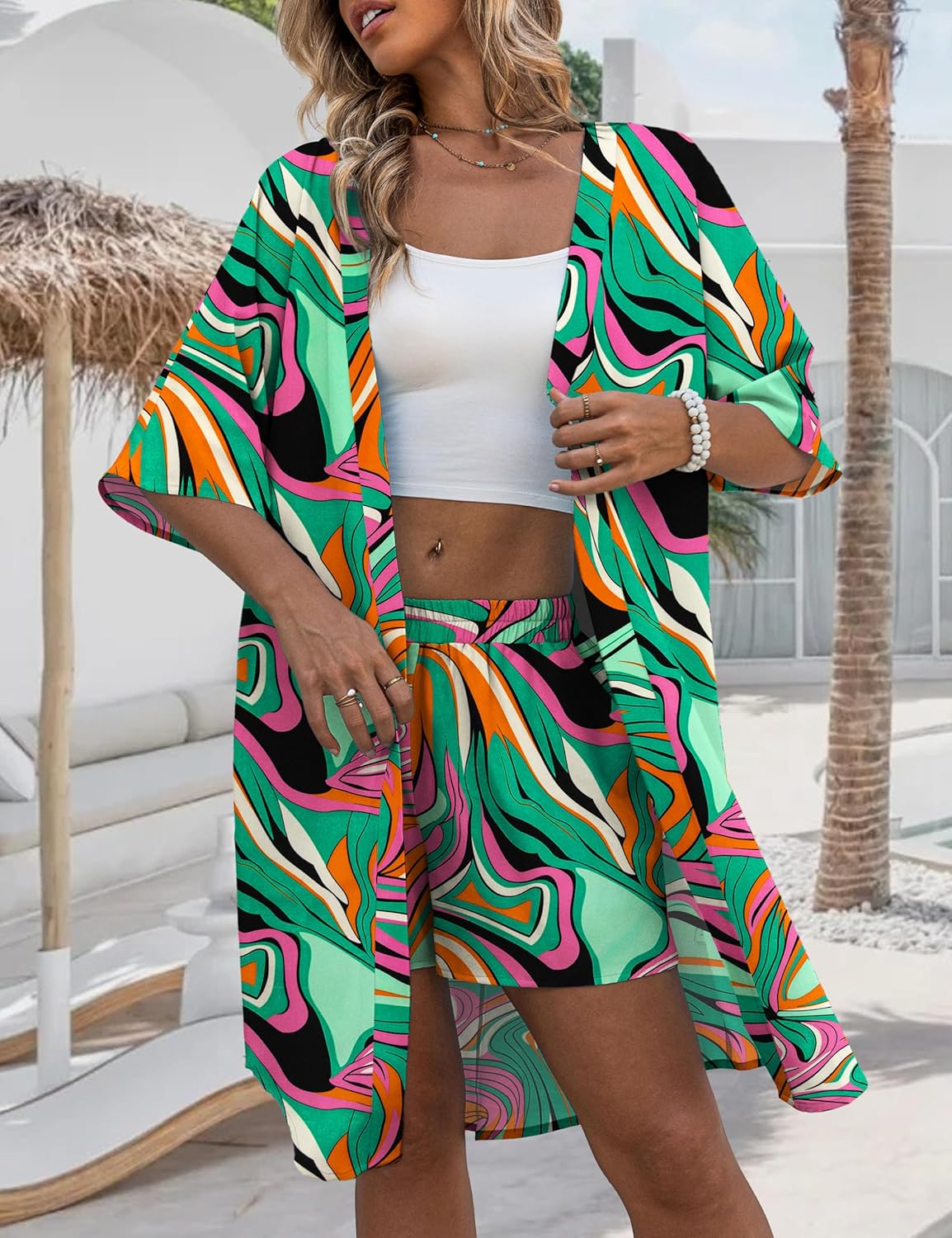 REDHOTYPE Womens Vacation Outfits Hawaiian Style 2 Piece Sets Long Cover Ups Half Sleeve Shorts Set Beach Dresses(S-XL) - Image 2