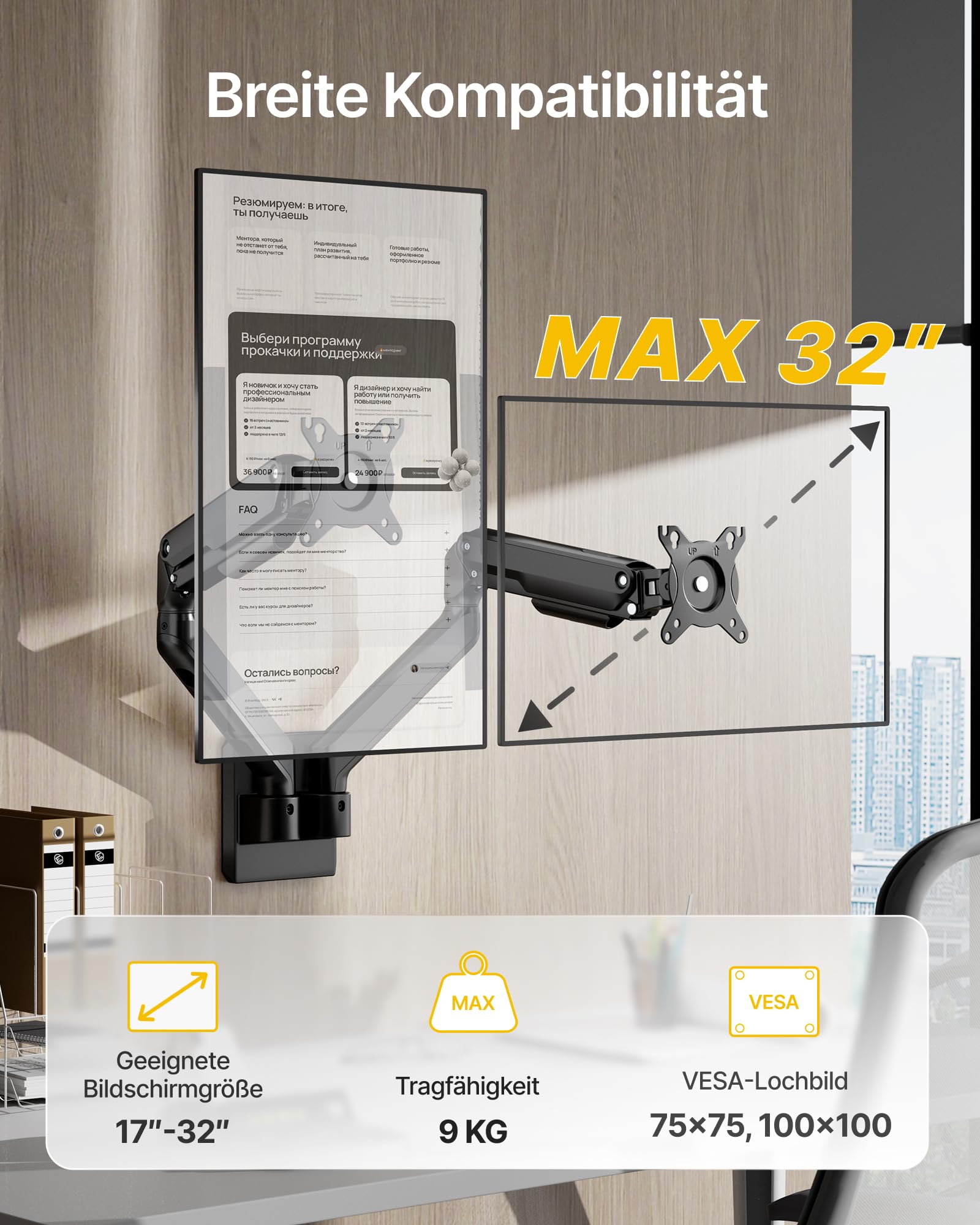 monTEK Doppel Monitor Wandhalterung für 2 Monitore 17-32 Zoll | VESA 75x75/100x100, bis 9 kg pro Arm,Höhenverstellbarer Dual Monitorarm Wand, Schwenkbare Bildschirmhalterung，Schwarz