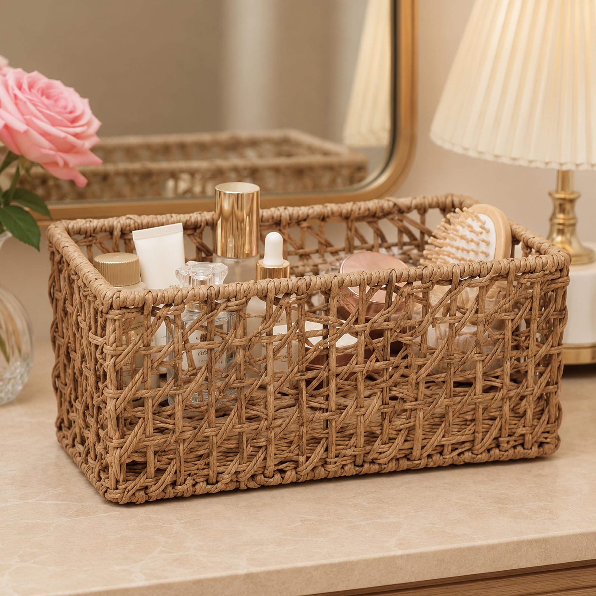 Habere India-All the Cultures Fabricating India Woven Raffia Rectangular Basket | Versatile Storage Organiser for Wardrobe, Bathroom and Kitchen | Eco Friendly Home Storage (D01: L29 x W18 x H14 cm)-image-31