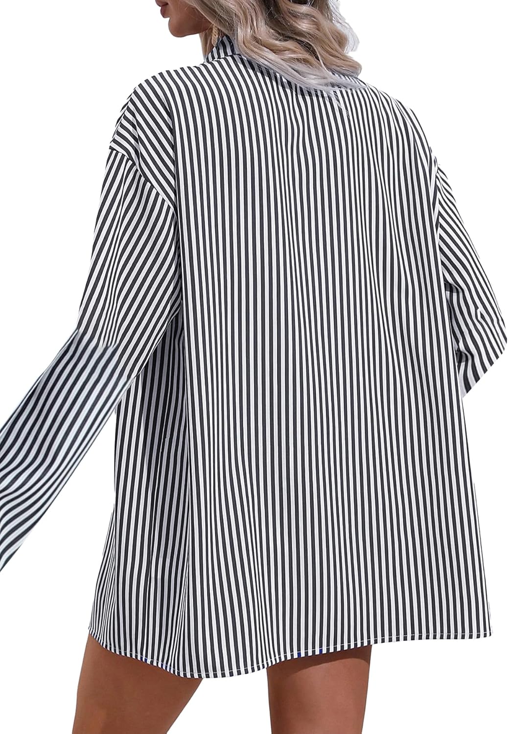 Women's 2 Piece Outfits Striped Button Down Long Sleeve Shirt Top and Drawstring Shorts Set - Image 2