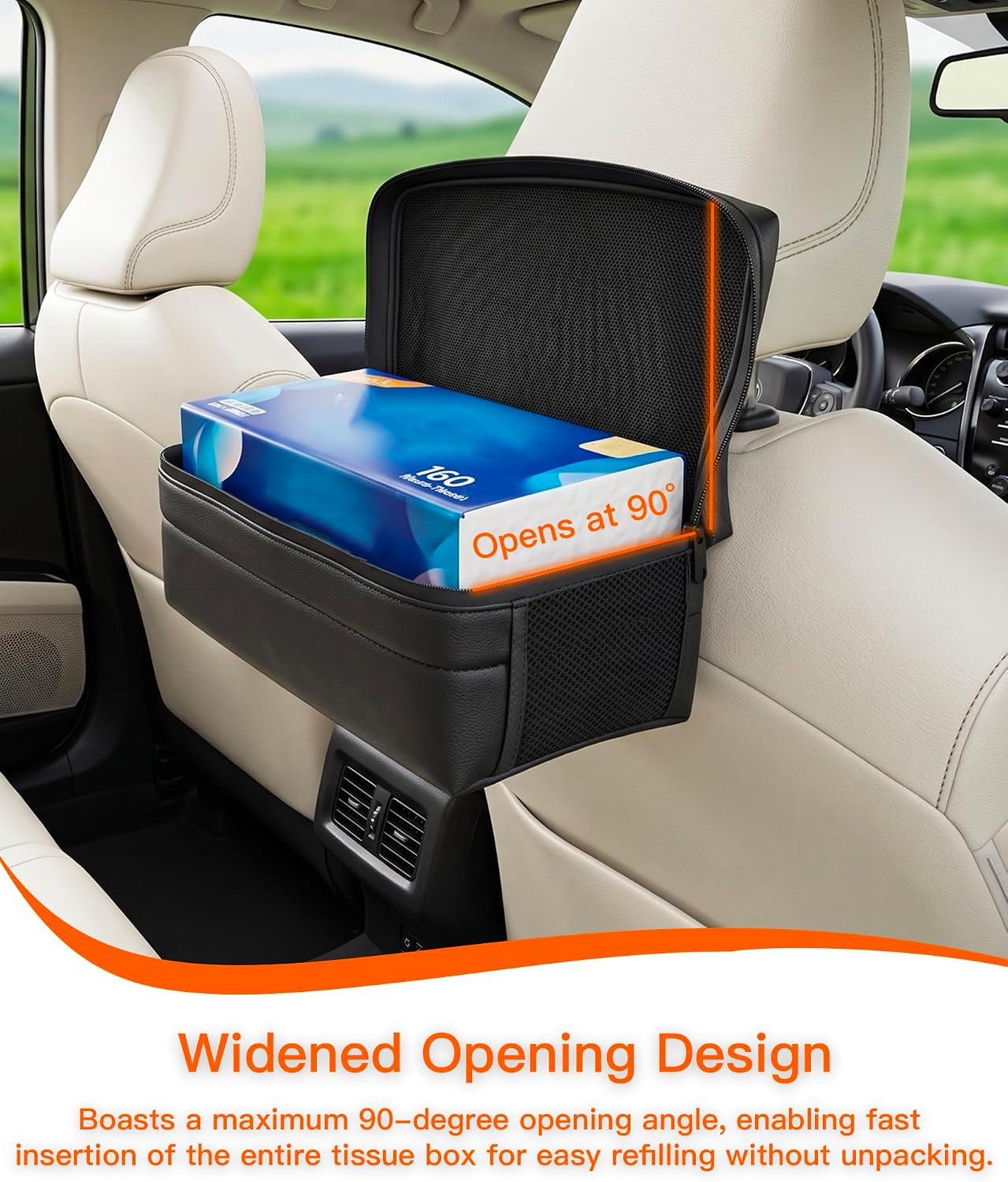 Multi-Functional Car Tissue Holder with 2 Side Mesh Pockets, Large Rectangular Napkin Box Made of Durable PU Leather, Fits Standard 144-160 Count Boxes, Back Seat Headrest Organizer, Black