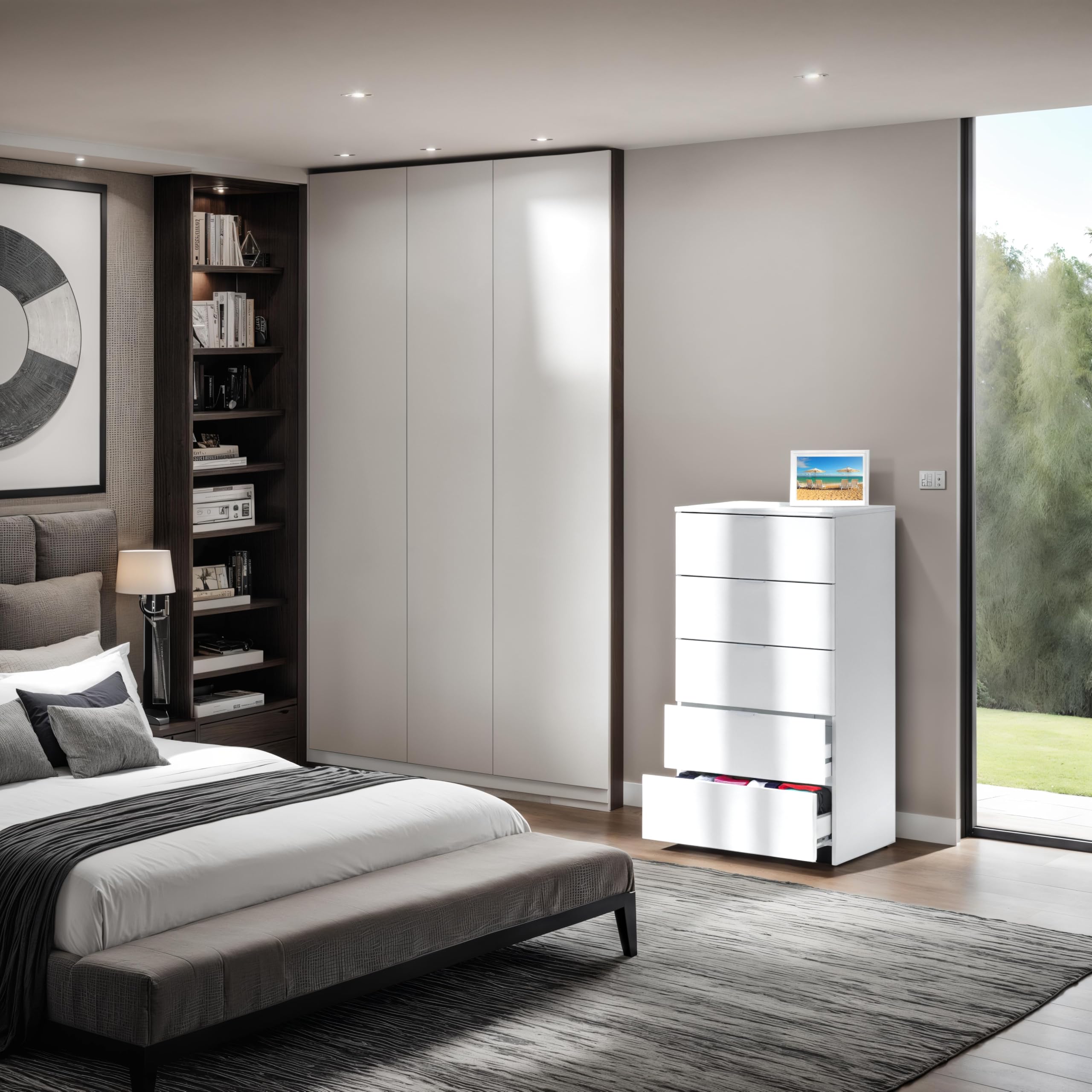 duehome | Comoda de 5 Cajones para Dormitorio, Modelo Akari, Acabado en Blanco Artik, Medidas: 60 cm (Largo) x 110 cm (Alto) x 40 cm (Fondo)