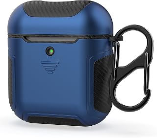 ORETech Airpods Case Cover, Heavy Duty Protective 2 in 1 Hybrid Hard PC Silicone Rubber Carbon Fiber Designed Full Body Cover With Double Ring Carabiner for Airpods 1&2 Accessories(LED Visible) - Blue