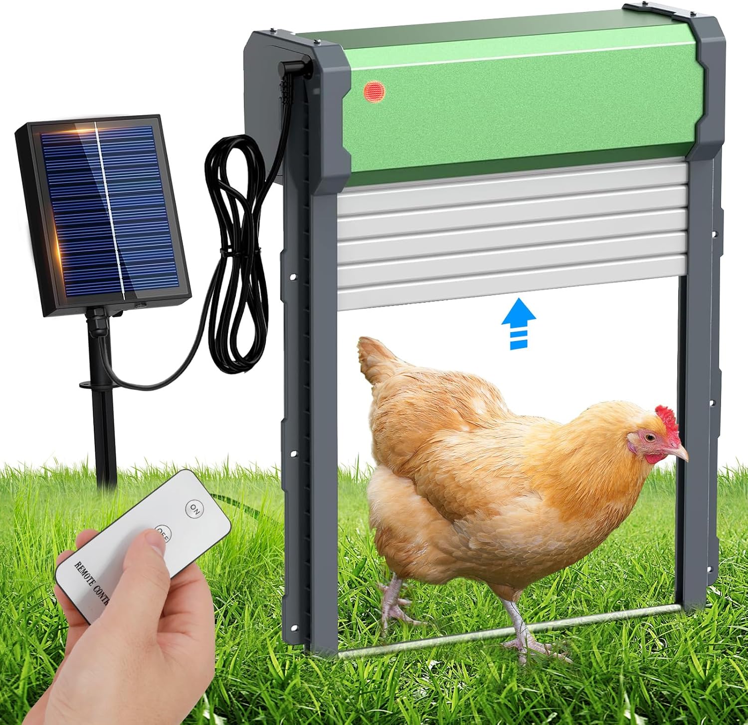 Automatic Chicken Coop Door, Solar Powered Door Opener with Timer & Light Sensor, 4 Modes IP65 External 2000mAh Power Supply Connection with Remote Control & Anti-Pinch Function for Family, Farms
