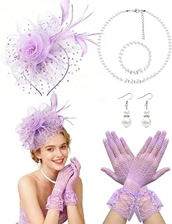 Bniksok 1920s Vintage Fascinator Hat Set for Women - Tea Party Veil Mesh Feather Headband Lace Gloves Necklace