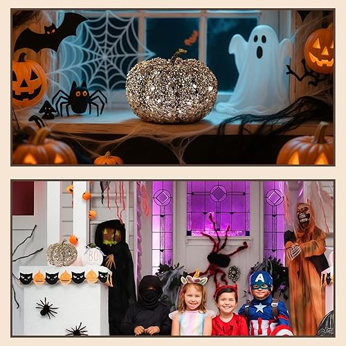 Miniatura 5 de DomeStar - Calabaza artificial con brillantina, dorada, de cosecha o granja, para decorar centros de mesa, otoño, Halloween y Acción de Gracias