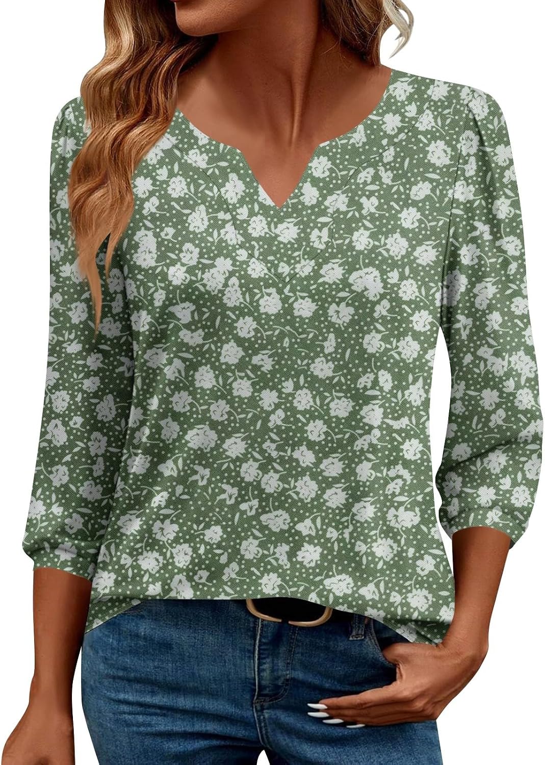 Summer Tops for Women, Casual 3/4 Length Sleeve Tops V Neck Floral Print Cute Tees Shirts, S-2XL
