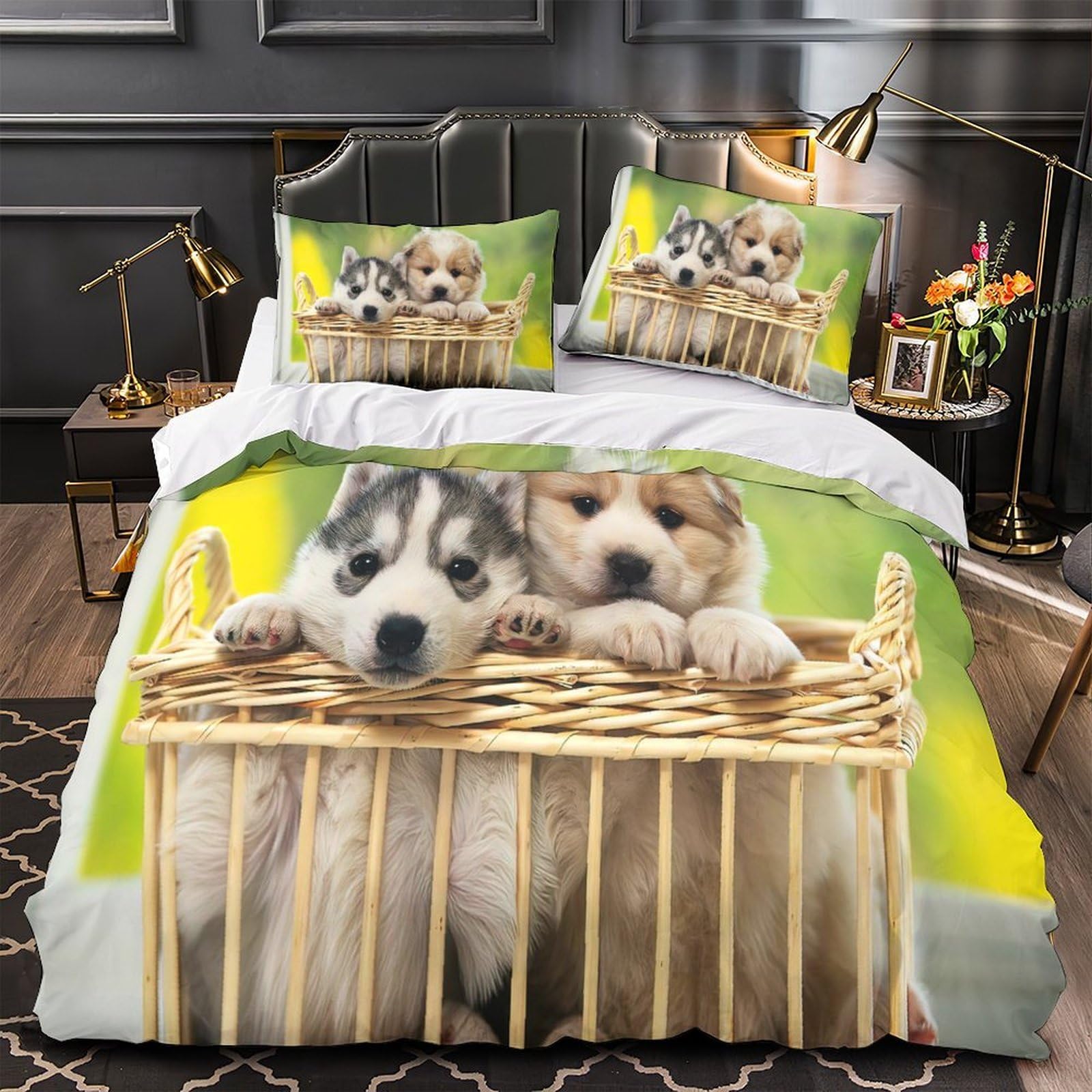 Housse de couette chiot mignon lit double 200x200 parure imprimé 3D microfibre
