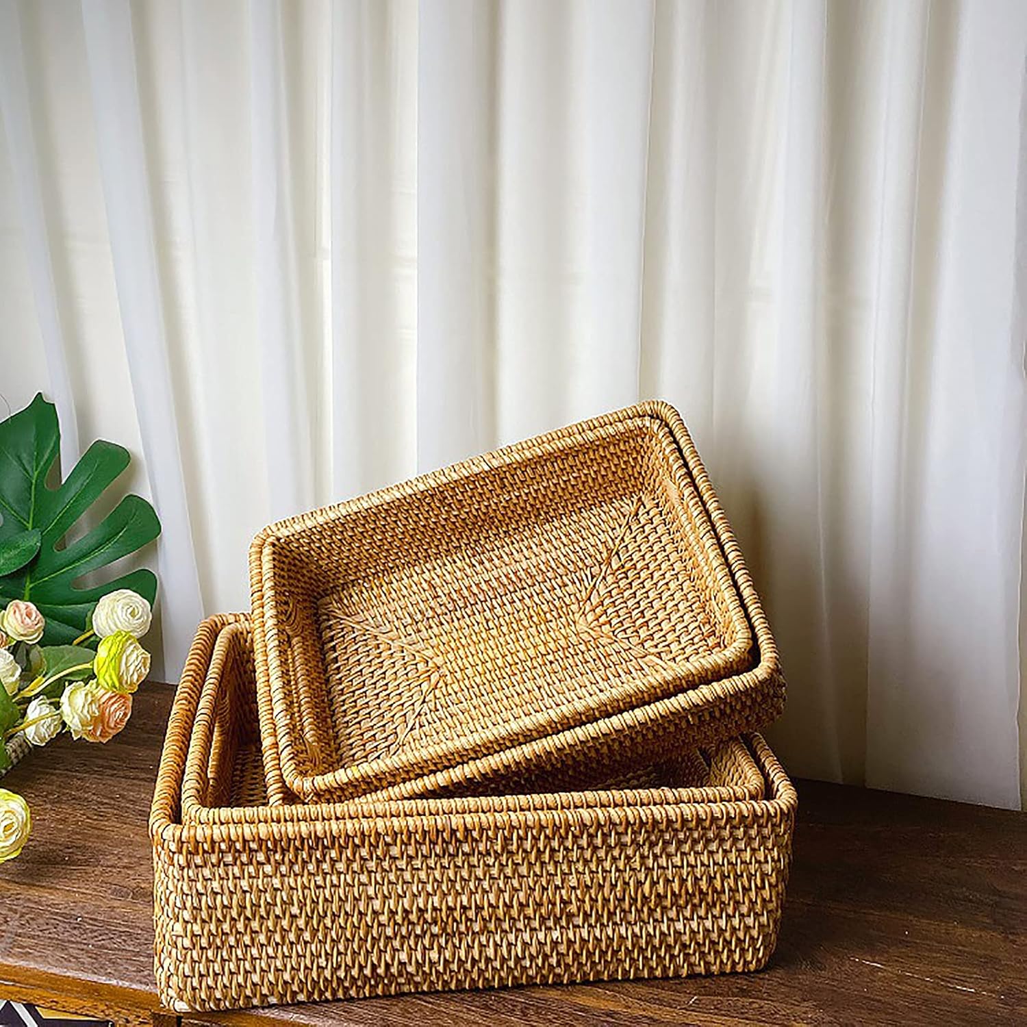 Rattan Storage Basket Organizer 13x9x4.3 inch - Hand Woven Desktop & Coffee Table Tray for Home Decor and Snack Organization