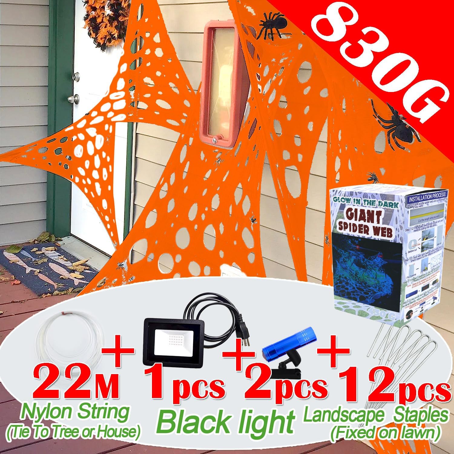 1400 Sqft Giant Orange Durable Spider Webs Halloween Decorations Outdoor, Beef Netting for Glow in The Dark Spider Web, Orange Giant Spider Decorations Set,with 3 Blacklight (48FT x 4FT)