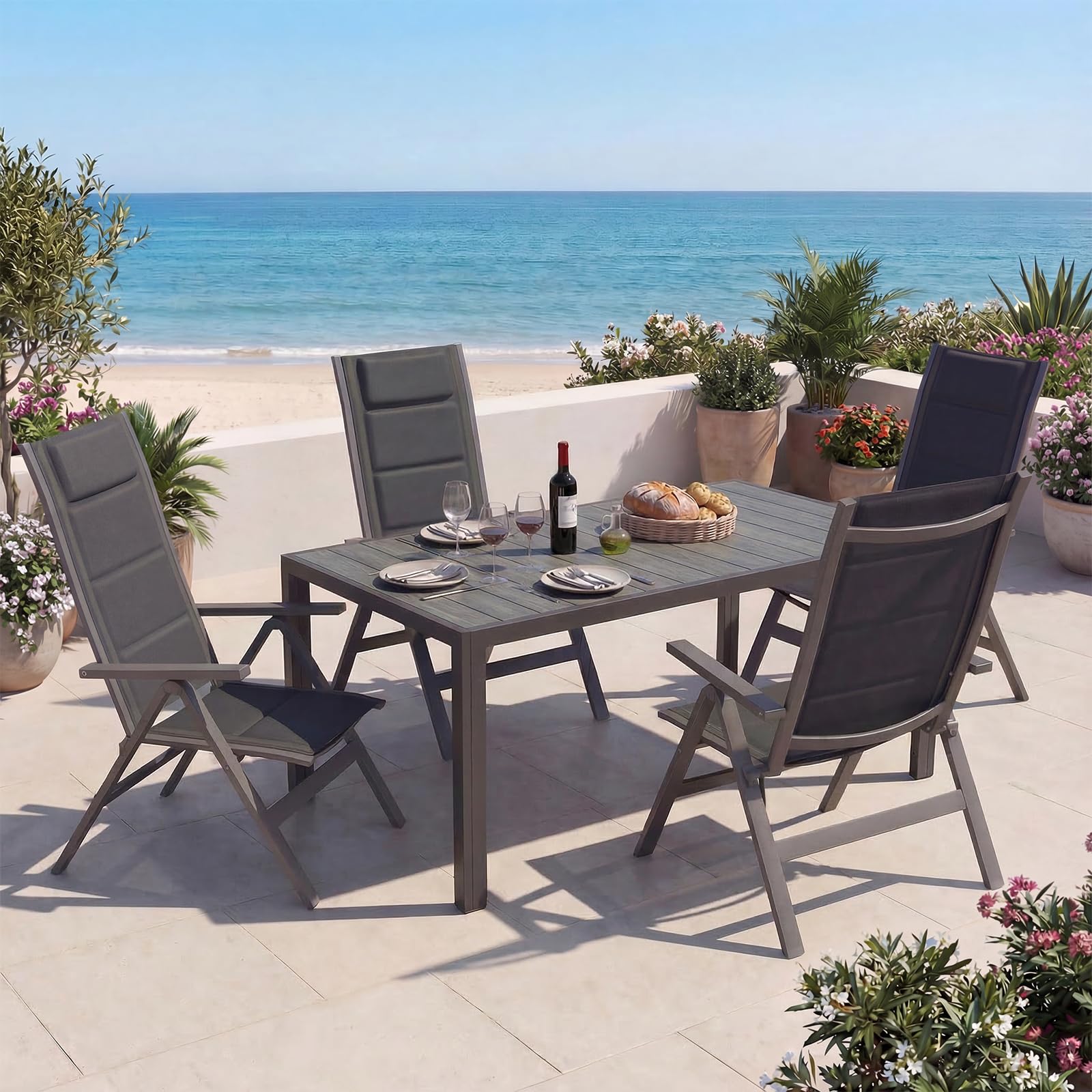 Devoko Set Tavolo e Sedie da Giardino 5 Pezzi, Composto da Tavolo 150 cm in Alluminio e 4 Sedie Pieghevoli, Tavolo da Giardino con Finitura a Vena di Legno con Sedie da Terrazza, Balcone, Grigio