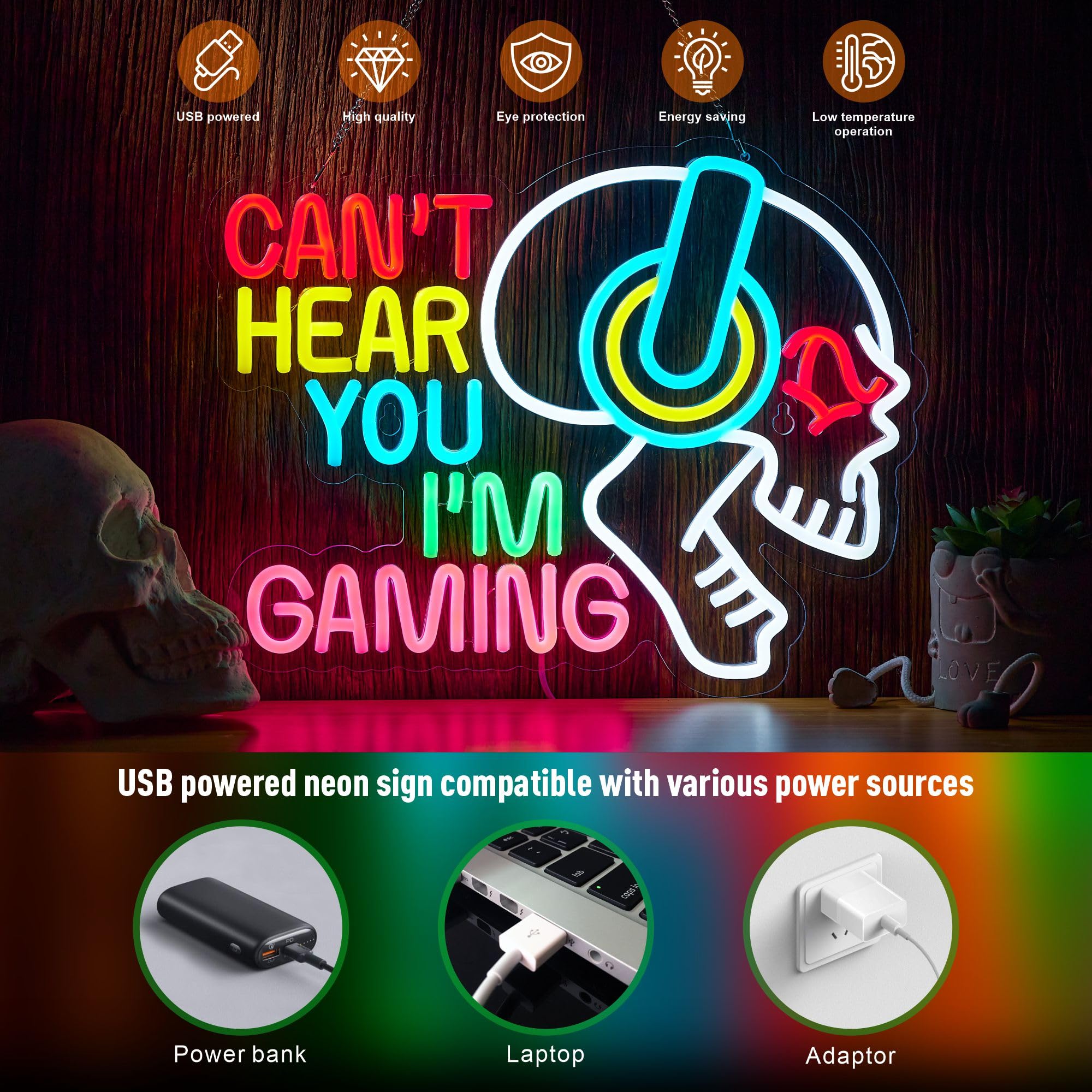 Gaming-Neonschild "Can't Hear You I'm Gaming", Totenkopf-Gamer, LED-Licht, hell, USB-betrieben, beleuchtet, Spielschilder mit Dimmer, für Spielzone, Videoraum, Jungen, Schlafzimmer, Wanddekoration