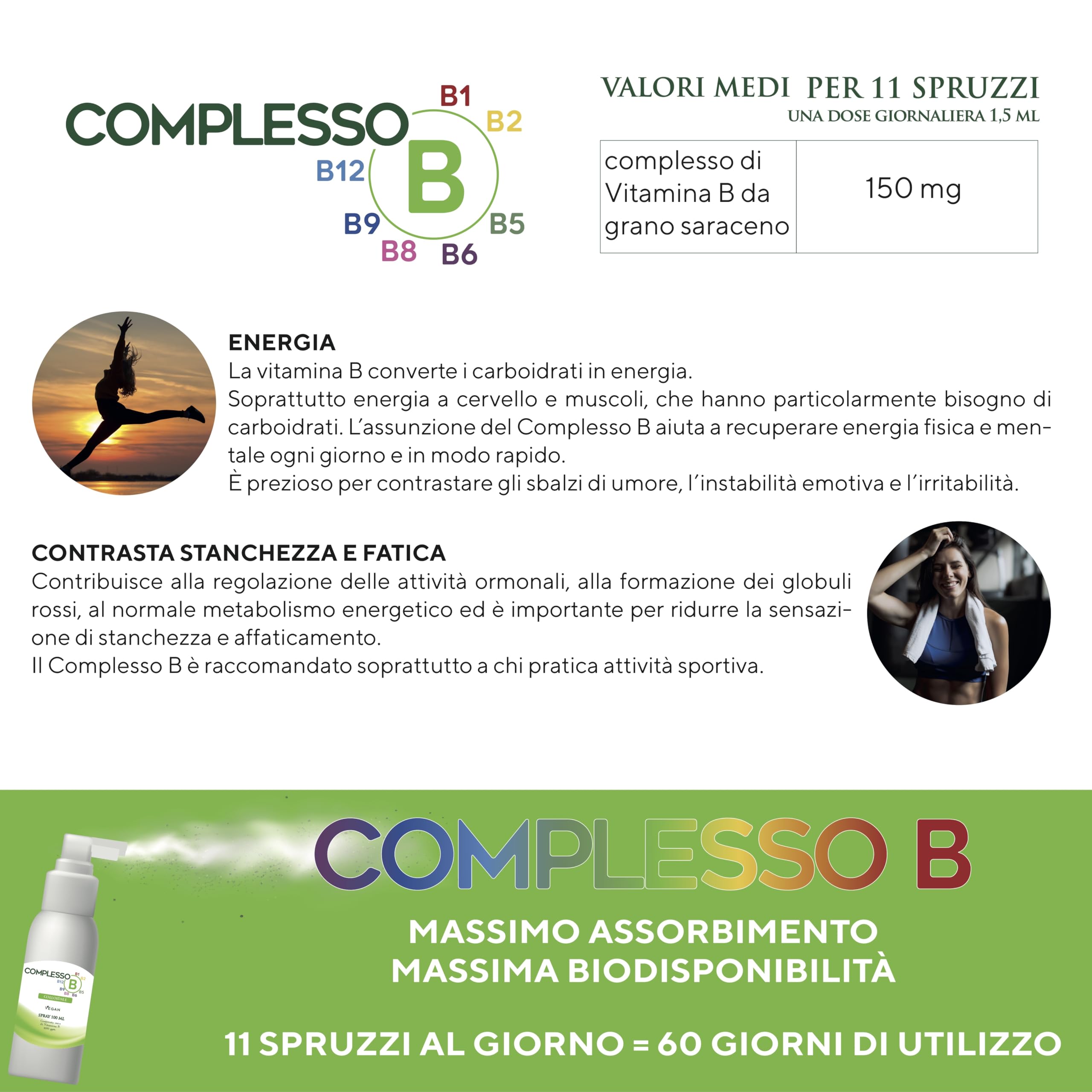 Complesso B Colloidale - Punto Salute e Benessere - Spray 100 ml, Vitamina B completa, Integratore alimentare, Vitamine del gruppo B, Massimo Assorbimento