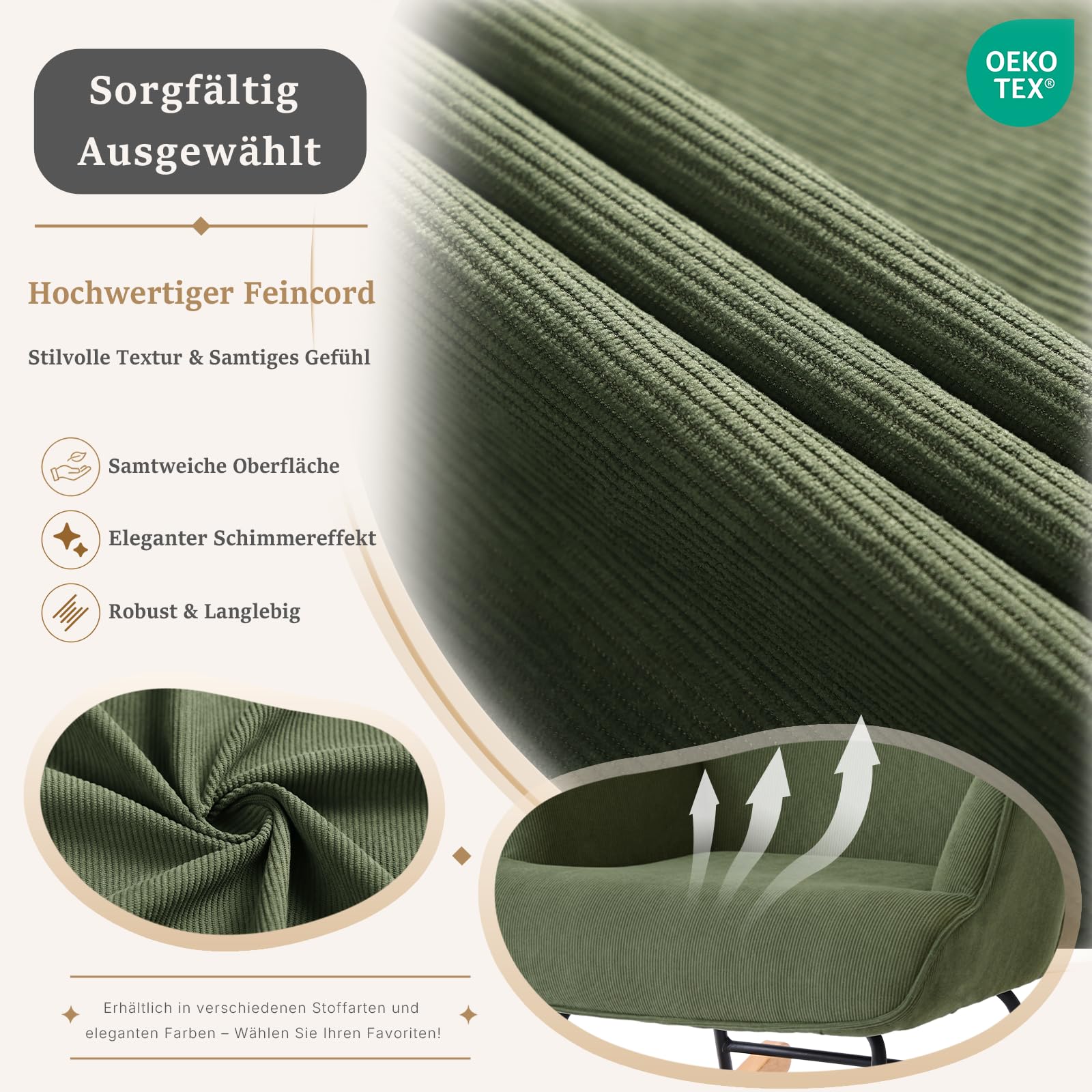 Poltrona a dondolo silenziosa con braccioli, in velluto a coste, comoda poltrona relax con schienale alto, moderna poltrona da lettura per soggiorno, camera da letto, piccoli spazi, verde