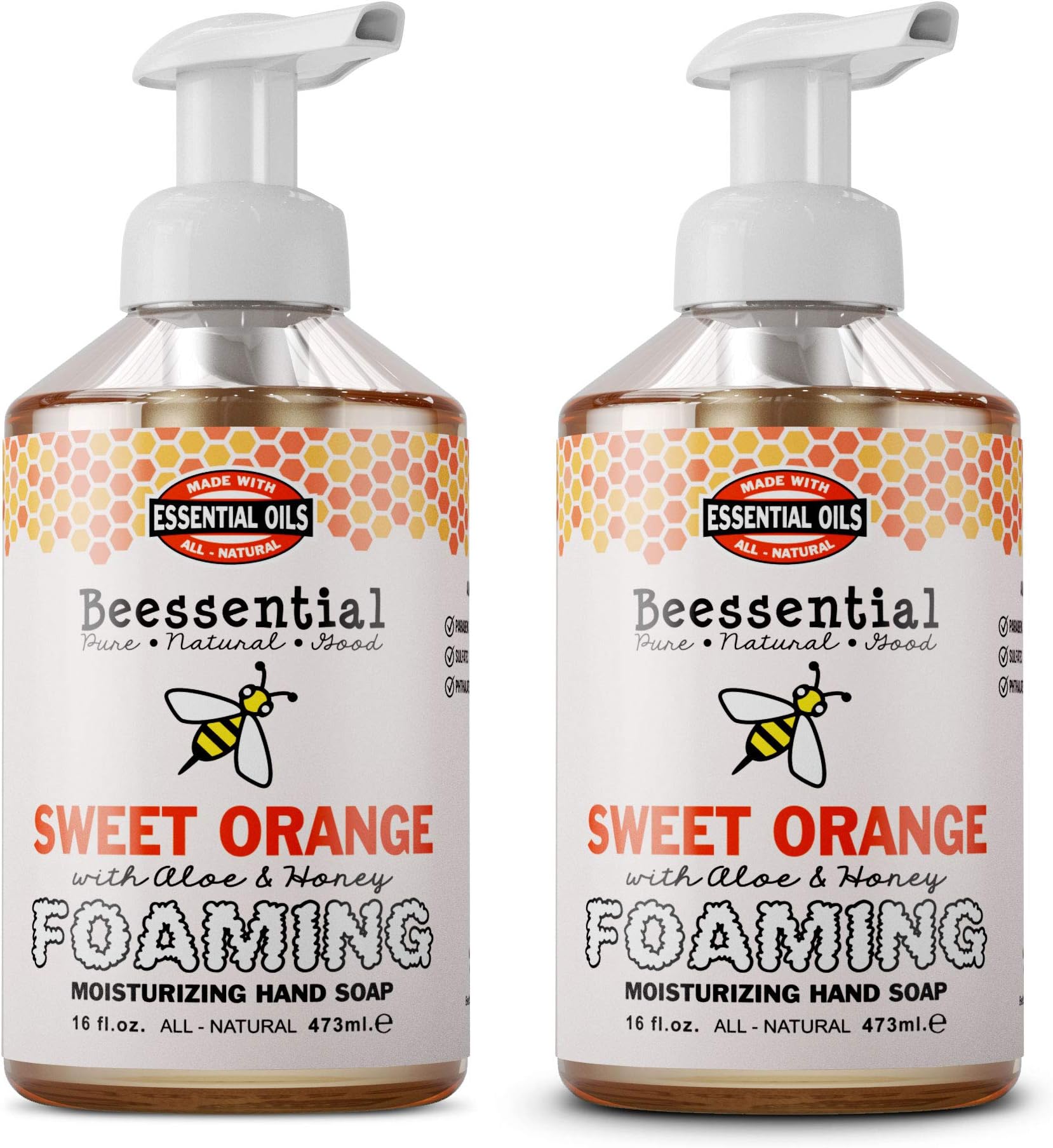 Beessential All Natural Foaming Hand Soap, Orange Essential Oils, Made with Moisturizing Aloe & Honey - Made in the USA, 16 oz 2 Pack