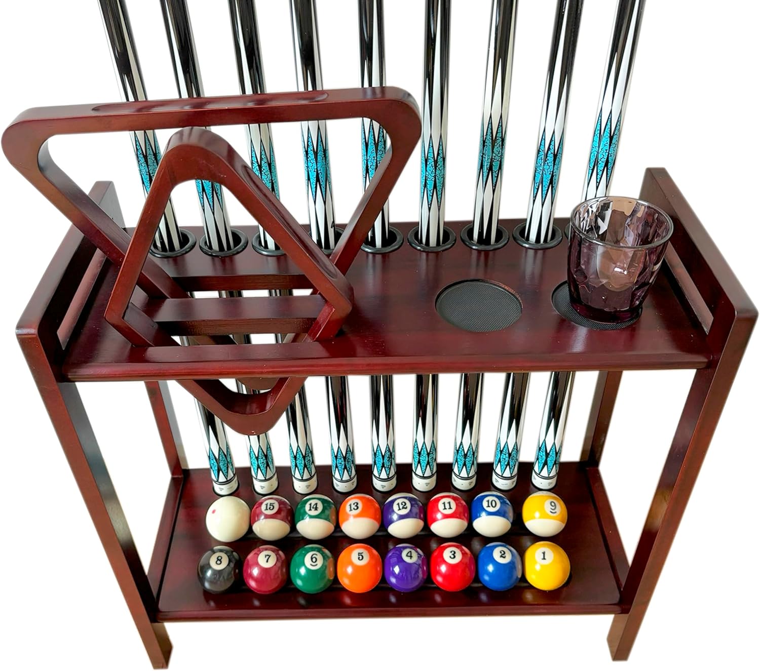 Pool Stick Holder Floor Stand Holds 9 Cues & Pool Table Accessories. Wooden 2-Tier Cue Stick Storage with Ball Rack Hangers, Billiard Cone Chalk Holder or Drink Pads