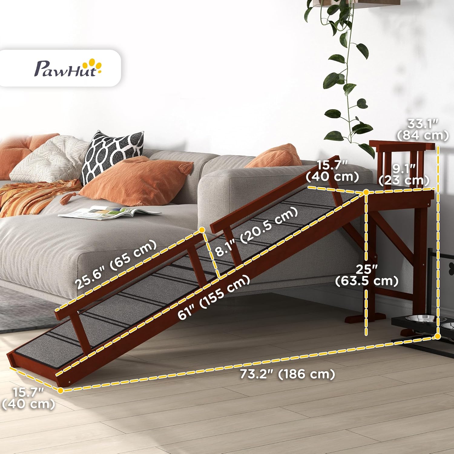 PawHut Dog Ramp, Dog Stairs for Small, Medium  Large Dogs, Pet Ramp for Bed or Couch with Removable Guardrails, Non-Slip Surface, 60 Long, Brown