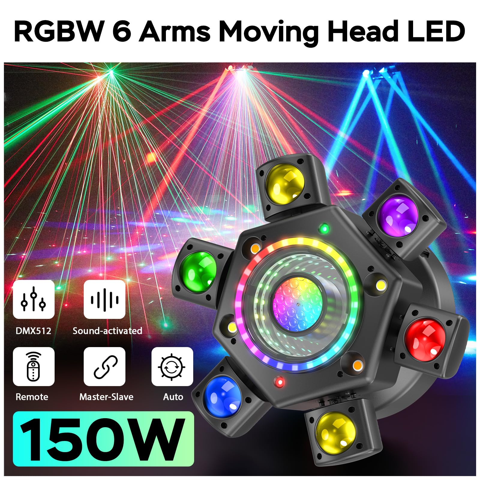 150W Teste Mobili LED da con DMX 512 6 Bracci Luminosi Effetti Luce RGBW Teste Mobili DJ Con Telecomando Perfetta Per Matrimoni Feste,Teatri e DJ