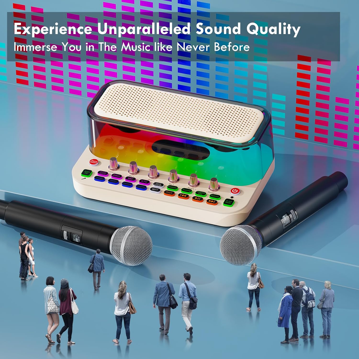 Portable Karaoke Machine with 2 Wireless Microphones, Bluetooth PA System Speaker with EQ Control, Vocal Removal, Noise Reduction, Reverb & Sound Effects, for Singing/Live Streaming/Gaming/Home Party