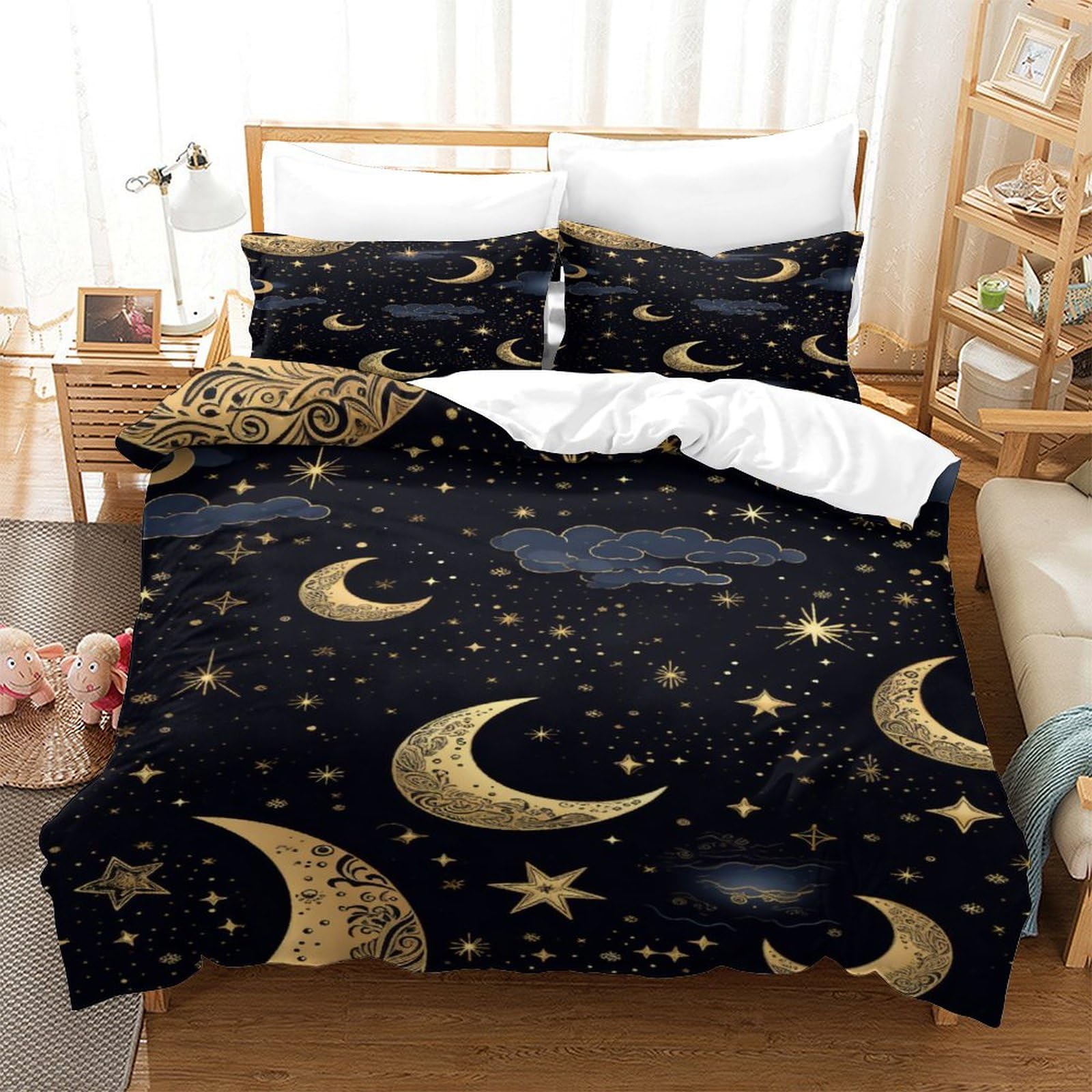 P1S9U7W5Y Celestial 3D Printed Moon Stars Duvet Cover Set 3pcs Microfiber Galaxy Bedding Set King
