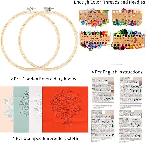 Miniatura 9 de Kit de bordado de flores para principiantes con patrón de mariposa e instrucciones, paquete de 4 kits de punto de cruz, 2 aros de bordado de madera,