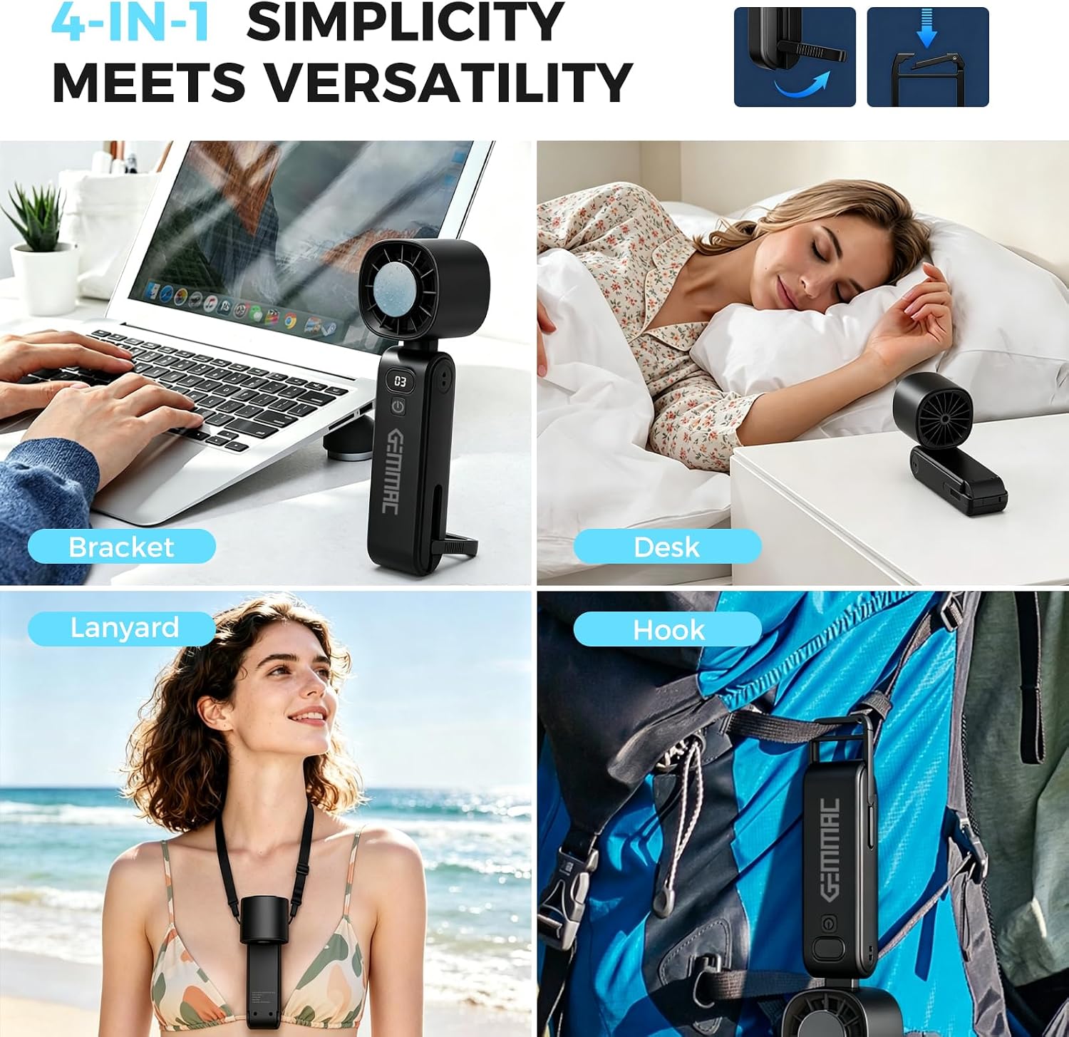 Portable Handheld Turbo Fan with Ice Cooling, 5000mAh Personal Fan Rechargeable 5 Gear High Speed with LED Display, 5 in 1 Foldable Hand/Neck/Desk Fan Blow Cold Air for Travel Beach Office