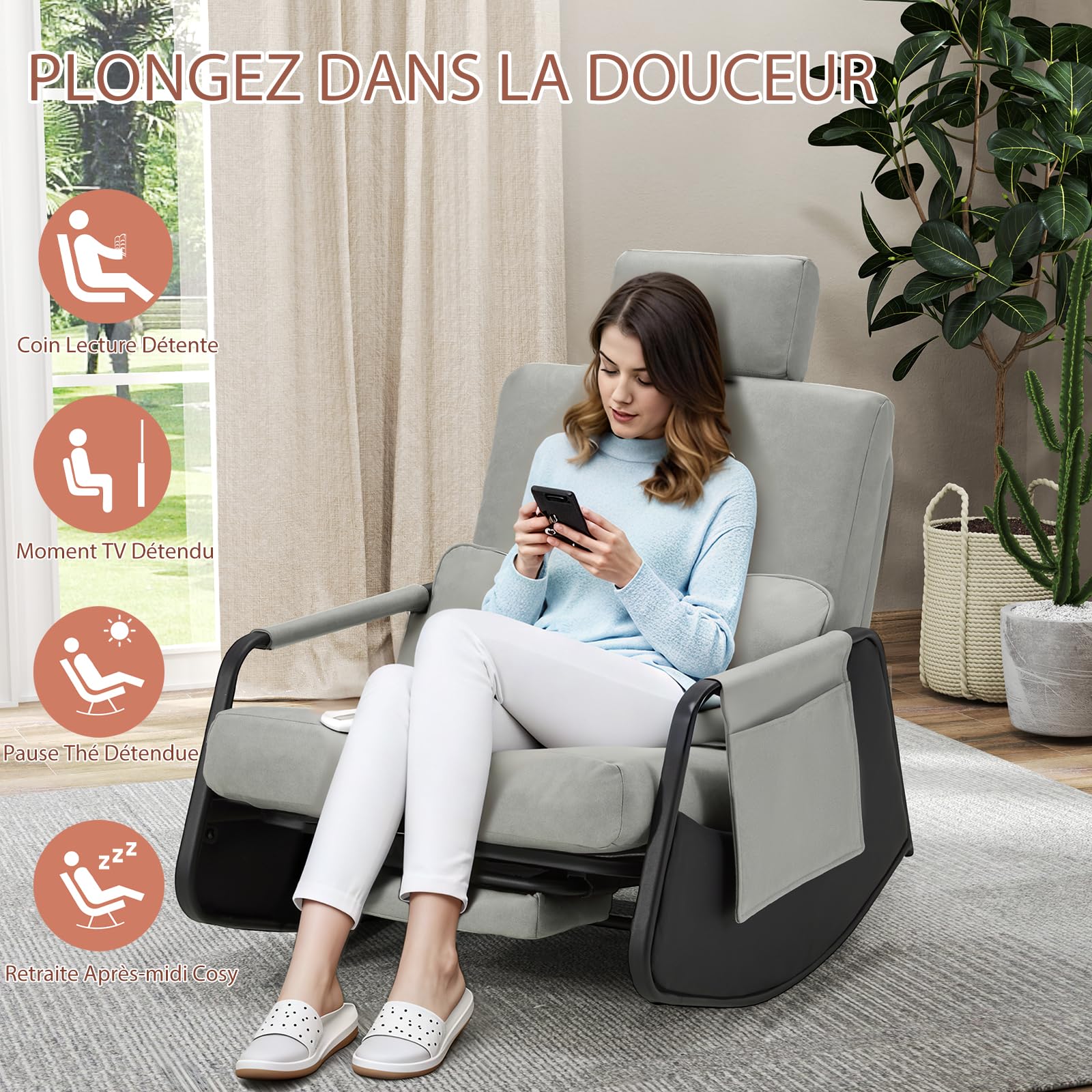 YODOLLA Fauteuil à Bascule, Rocking Chair avec Repose-Pieds Extensible, Dossier & Appui-Tête Réglables, Poche Latérale(Cuir, Gris)