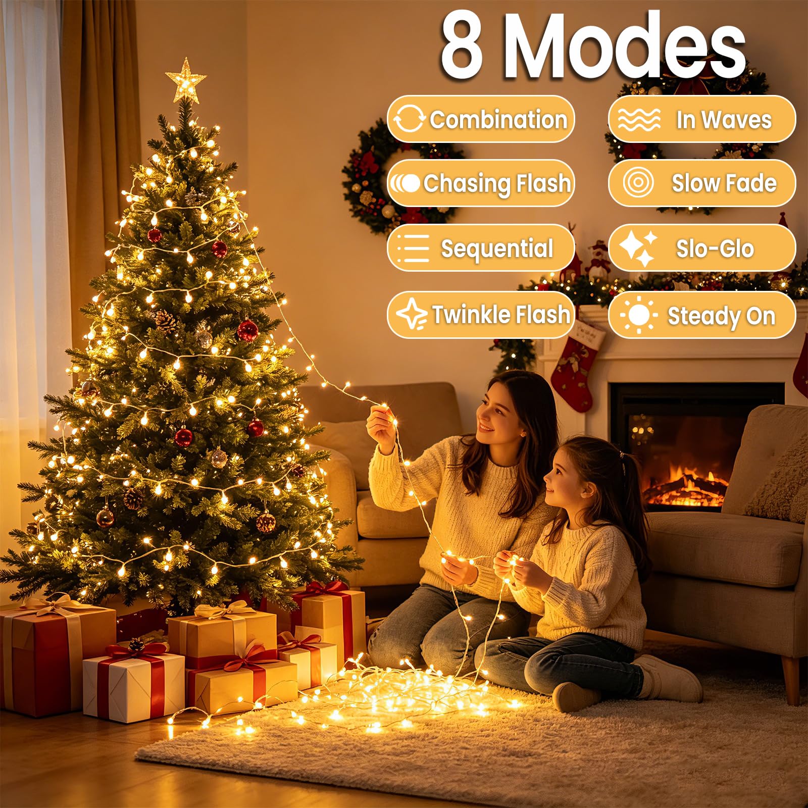 Luces Navidad exterior 100m 1000 LED arbol Navidad con 31V enchufe: temporizador, función de memoria, 8 modos, IP44 resistente al agua para fiestas Halloween Pascua jardín, Blanco cálido