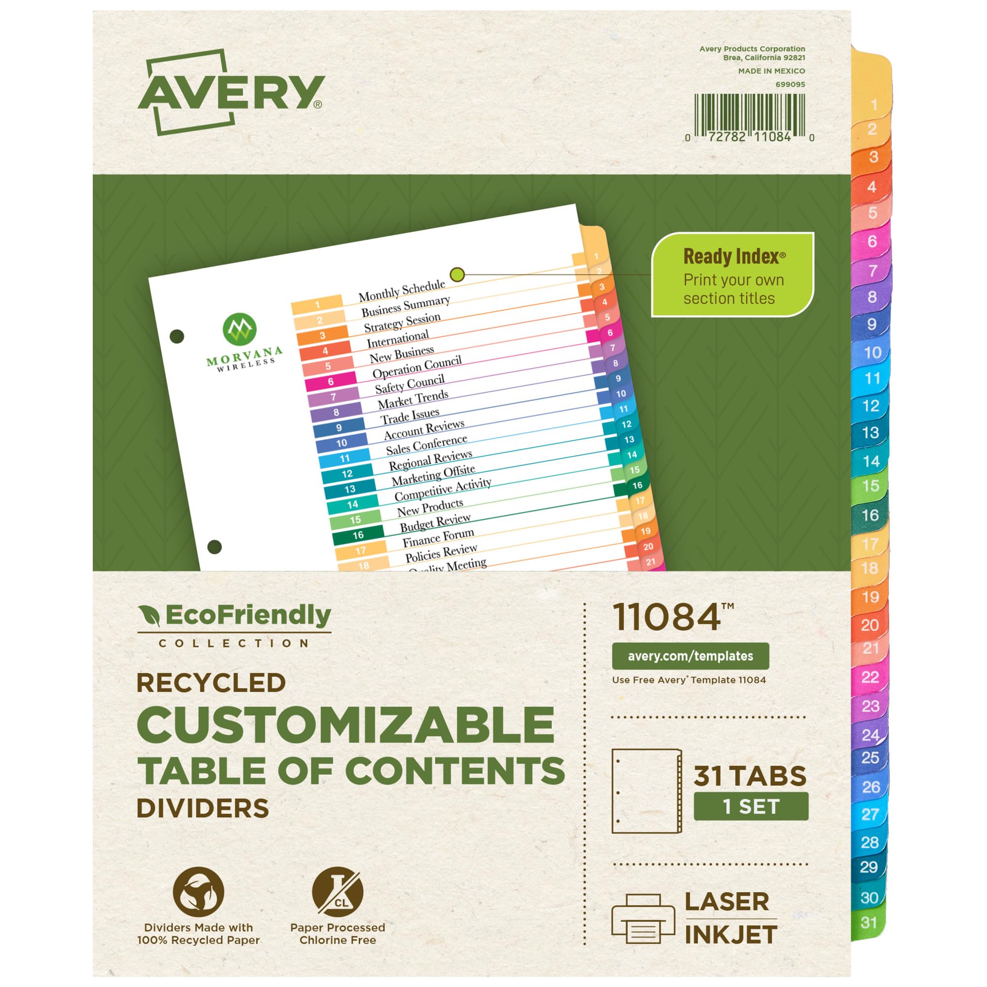 Avery EcoFriendly Recycled 1-31 Dividers for 3 Ring Binders, 31 Tabs per Set, Customizable Table of Contents, Multicolor Tabs, Great for Organizing