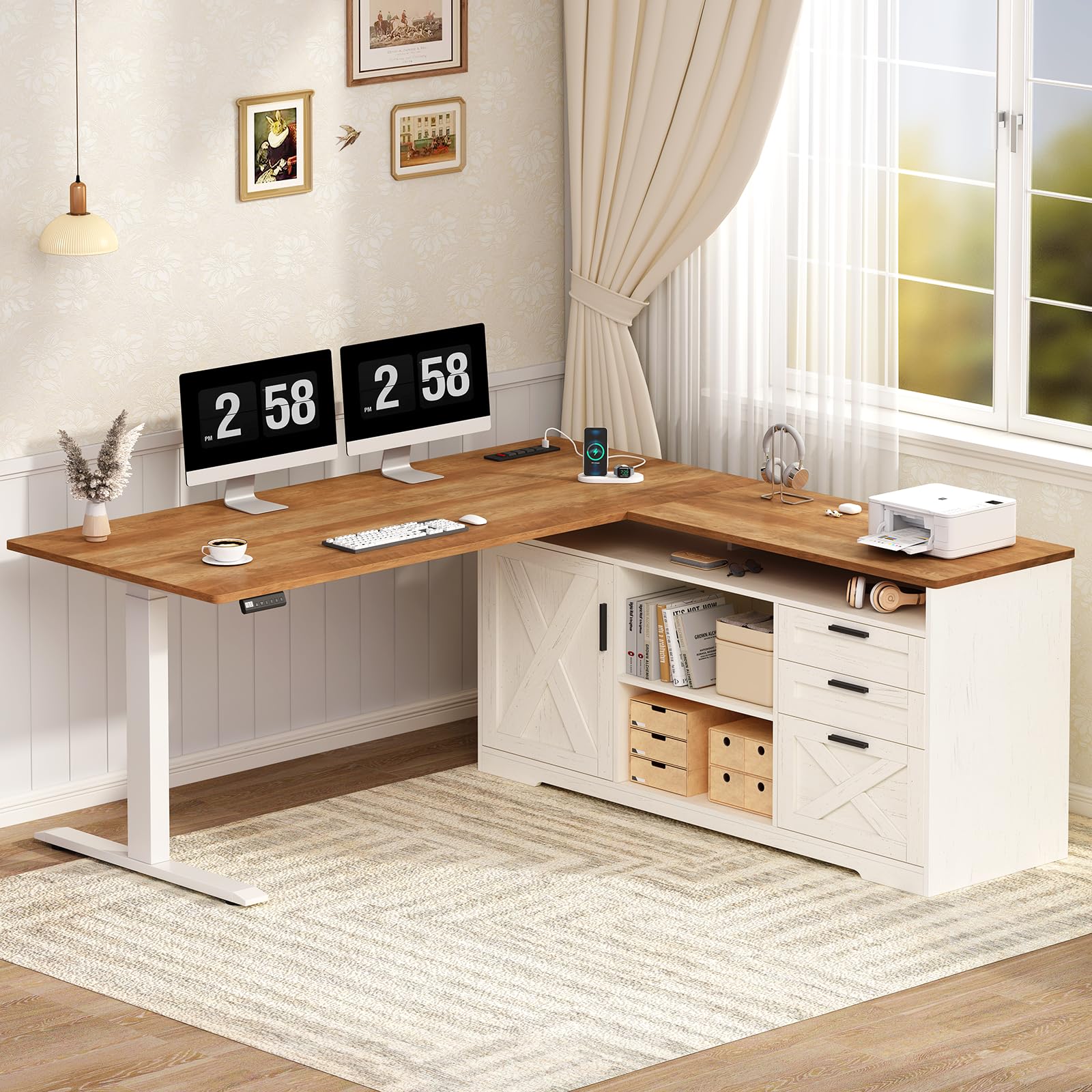Farmhouse L Shaped Standing Desk 55 inch Height Adjustable Electric Standing Desk with 3 Drawers Storage Shelves Computer