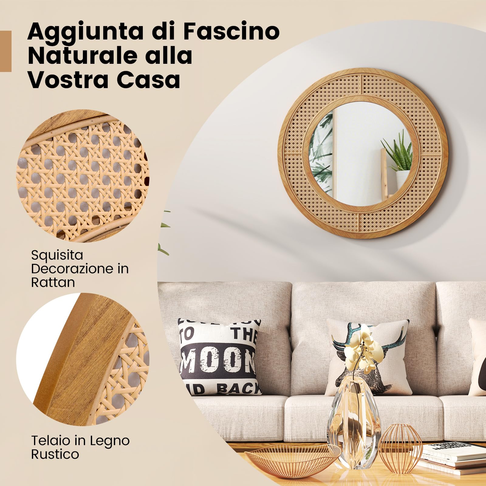 COSTWAY Specchio da Parete Rotondo 40 cm con Cornice in Rattan, Vetro in Alluminio e Gancio Metallico - Decorativo per Soggiorno Camera da Letto Ingresso