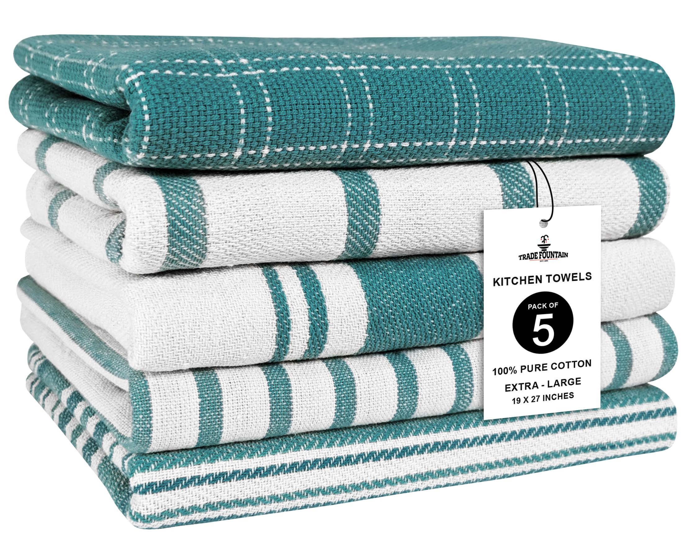 Trade Fountain Kitchen Towel - Pack of 5 Tea Towels Cotton - 46 X 71 CM Holiday Kitchen Towels - Extra Absorbent Dish Towels for Kitchen - Soft Hand Towels Kitchen - 100% Pure Cotton Fabric (Teal)