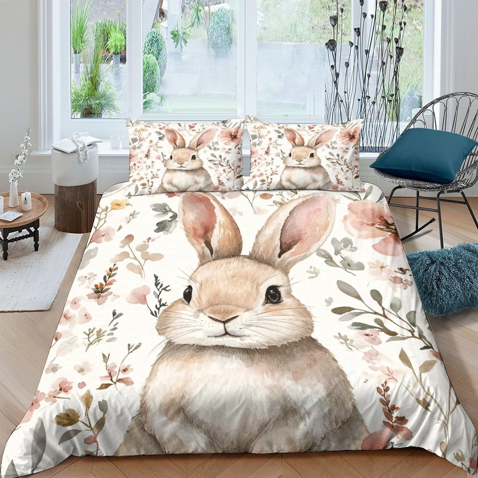 Ctjqhvkz Style-8 3D Printed Bunny Floral Fitted Sheet Microfiber Soft Pastel Rabbit Bed Cover For Bedroom Dorm Mattress Protection Decor Single（135X200cm）