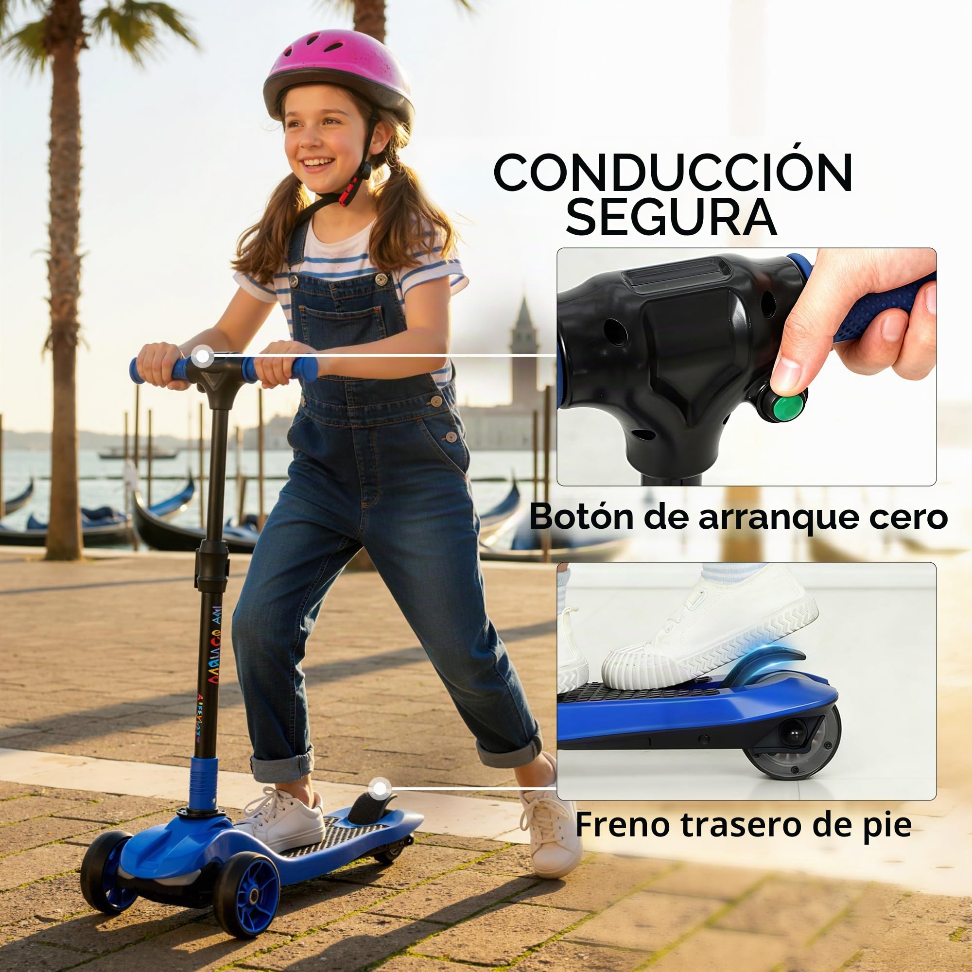 AIYAPLAY Patinete eléctrico para niños Plegable, Patinete eléctrico 6+ Años, 3 Ruedas, arranque cero, velocidad máxima 8 km/h, luces LED coloridas, autonomía 8 km, freno de pie, azul