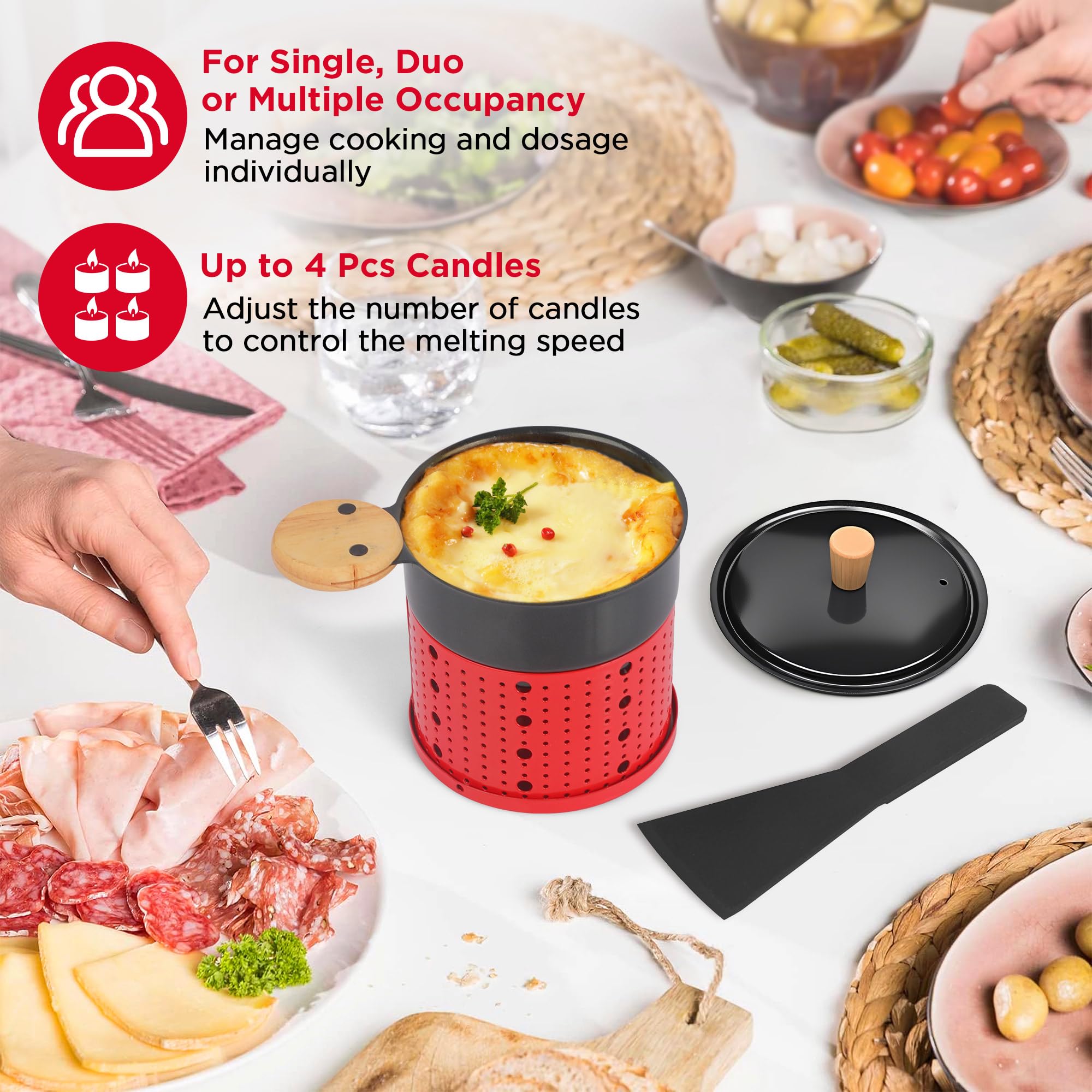 ipow 2er Set Mini Raclette Grill, Racletteofen Set antihaftbeschicht Kerzenraclette für Teelichter, Mini Raclettes, Teelicht-Raclette mit 2 Schaufeln und Deckel, Rot