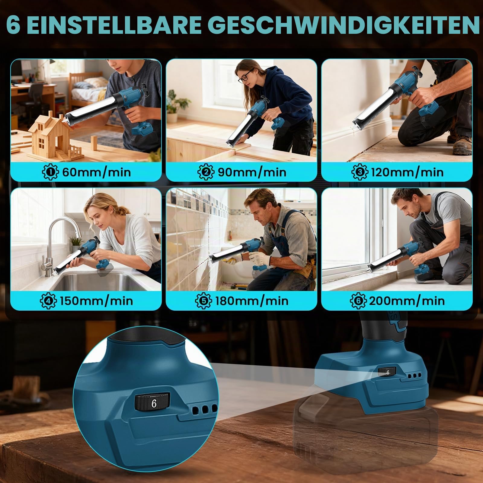 Akku Kartuschenpistole kompatibel mit Bosch B 18V-Akku (ohne Batterie) | elektrische Dichtungspistole, mit 6 einstellbaren Geschwindigkeiten, Digitalanzeige und LED-Licht, zum Füllen und Abdichten