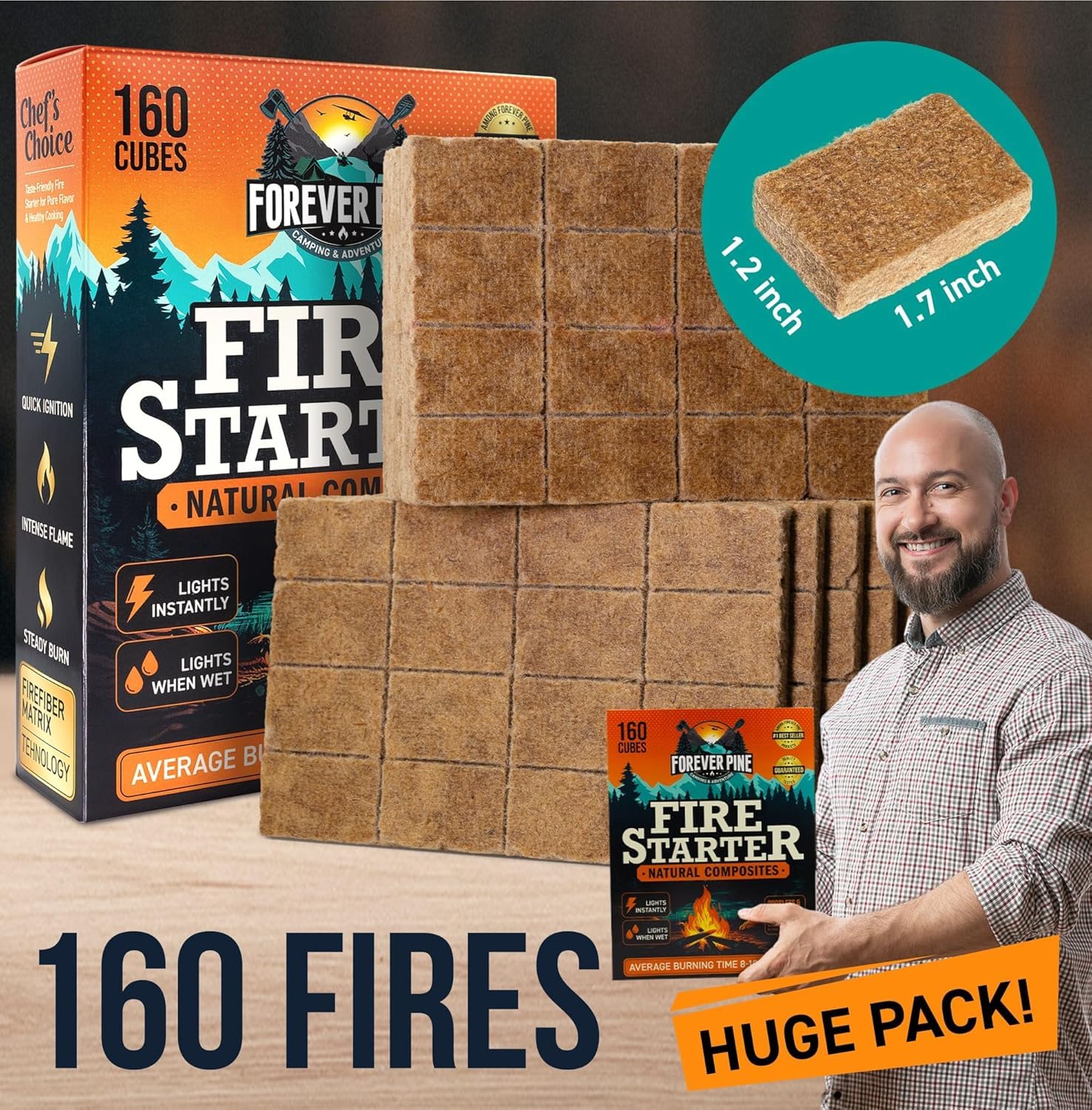 Fire Starter Cubes, 160 pcs - Easy BBQ Ignition - Natural, Waterproof & Odorless Firestarter Squares for Campfire, Charcoal Grill, Outdoor Fire Pit, Wood Stove, Fireplace, Logs - Camping Essentials