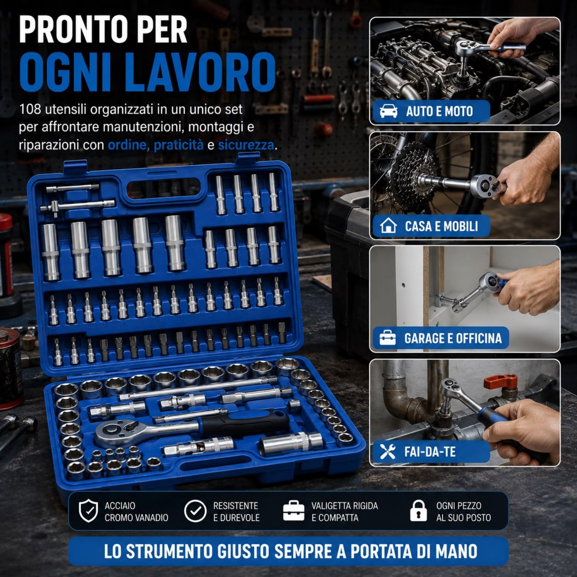 108 Pezzi CR-V 1/2" e 1/4" Chiavi a Cricchetto PROFESSIONALI con Valigetta