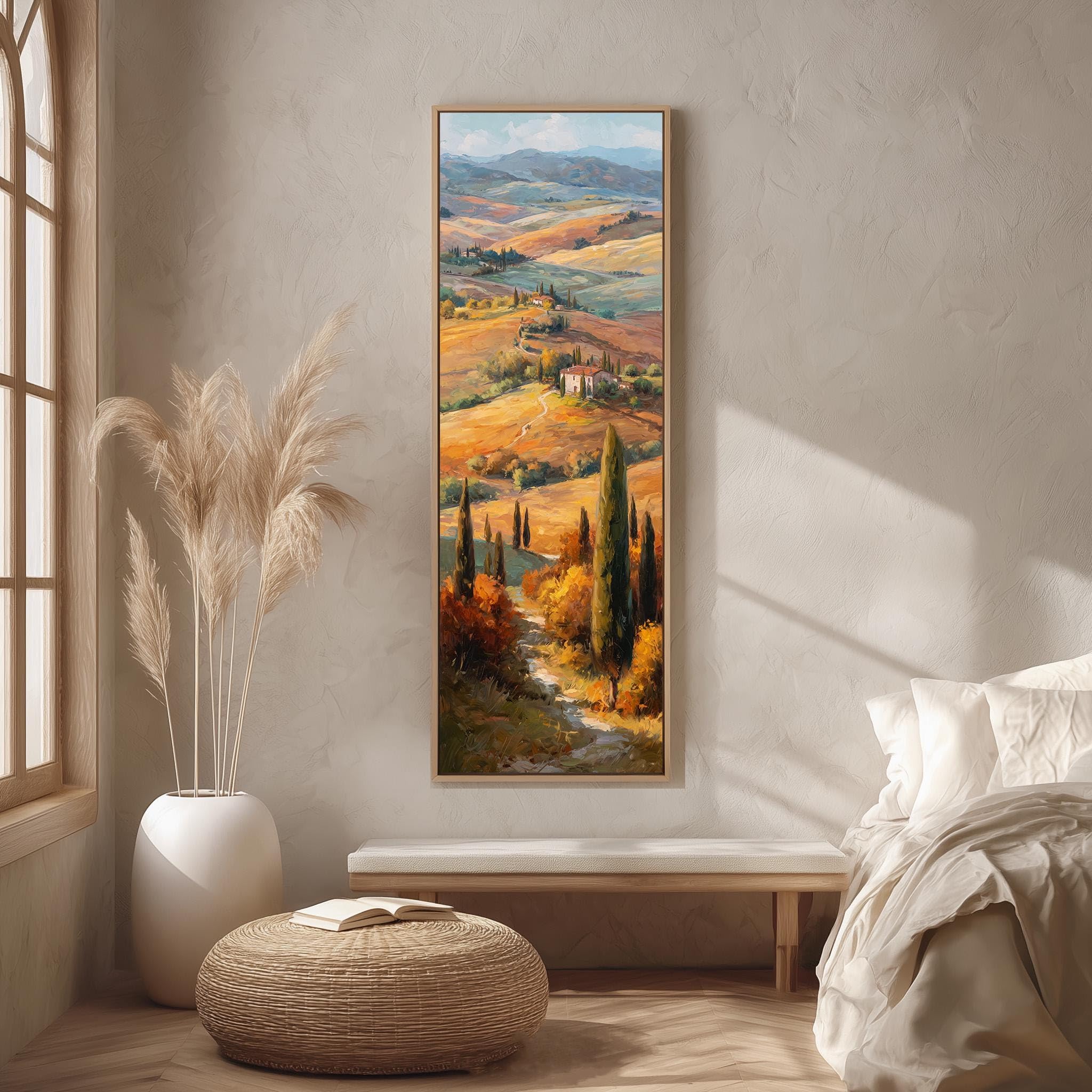 XINBAO Stampa artistica Colline ondulate, tela verticale alta, paesaggio impressionista con vigneti, decorazione mediterranea, dipinto di campagna (60x180 cm/cornice interna)