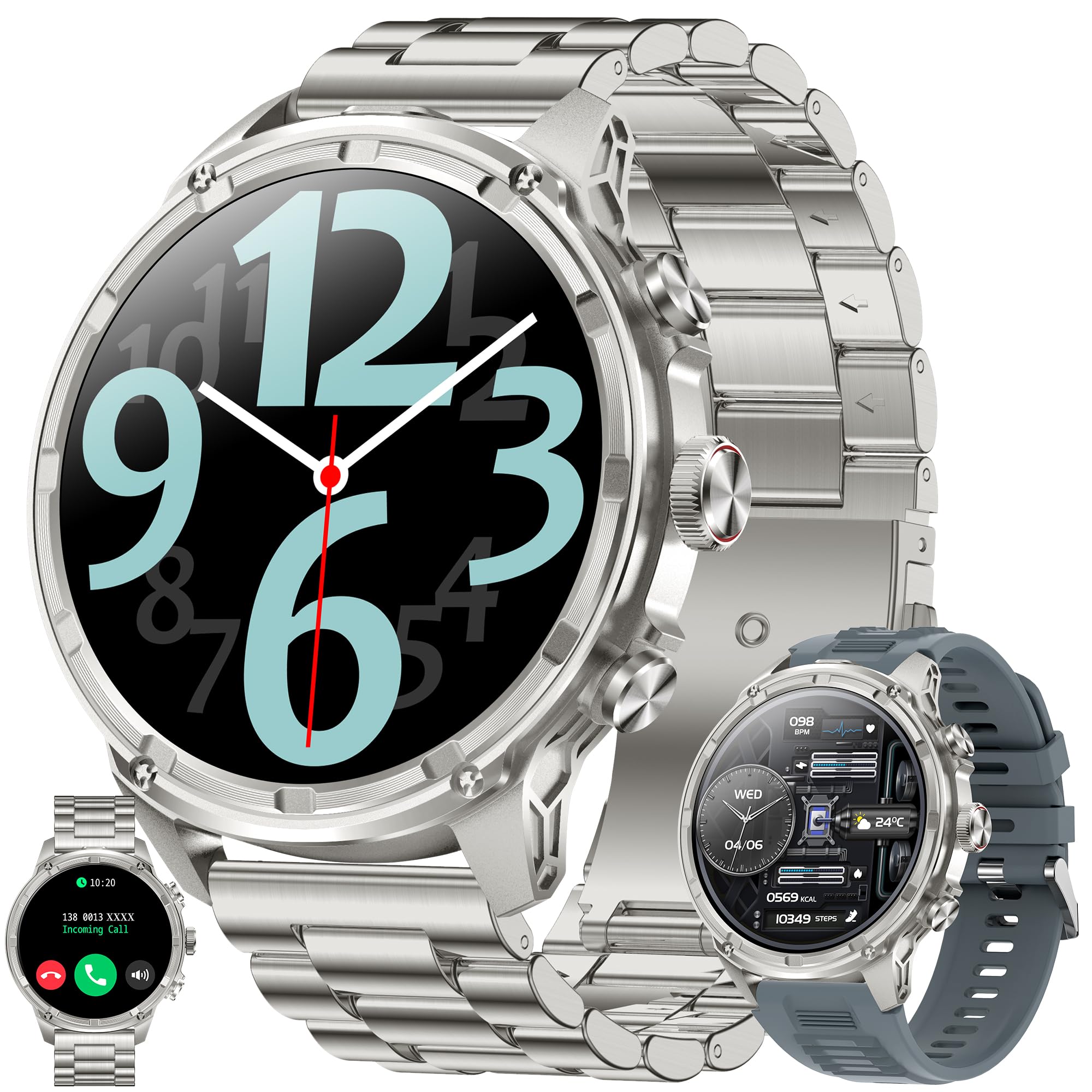 Montre connectée pour homme avec fonction téléphone, lampe de poche, 1,85" AMOLED 5ATM, tracker d'activité, 123 modes sportifs, moniteur de pression artérielle, moniteur de sommeil, podomètre