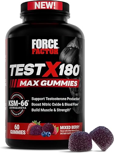 Force Factor Test X180 Max Gomitas, suplemento potenciador de testosterona para hombres, con KSM-66 Ashwagandha para apoyar los niveles de T, fuerza