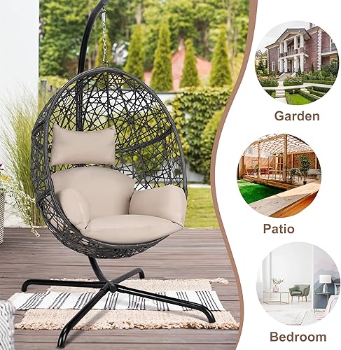 Miniatura 9 de NICESOUL Silla giratoria para huevos, jaula de pájaros, silla nido de pájaros con soporte, cómodo cojín para interiores y exteriores, ratán con