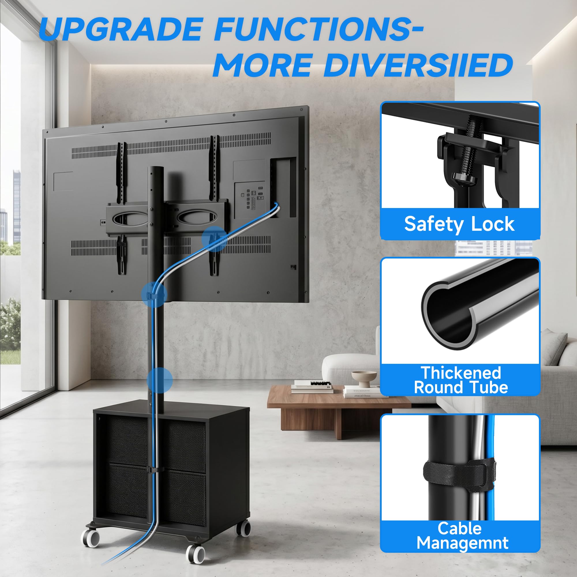 5Rcom Supporto TV nero su ruote per TV LED LCD OLED al plasma da 32-60 pollici, mobile TV piatto curvo regolabile in altezza con staffa fino a 40 kg, supporto mobile per TV con cassetti max VESA 400 x