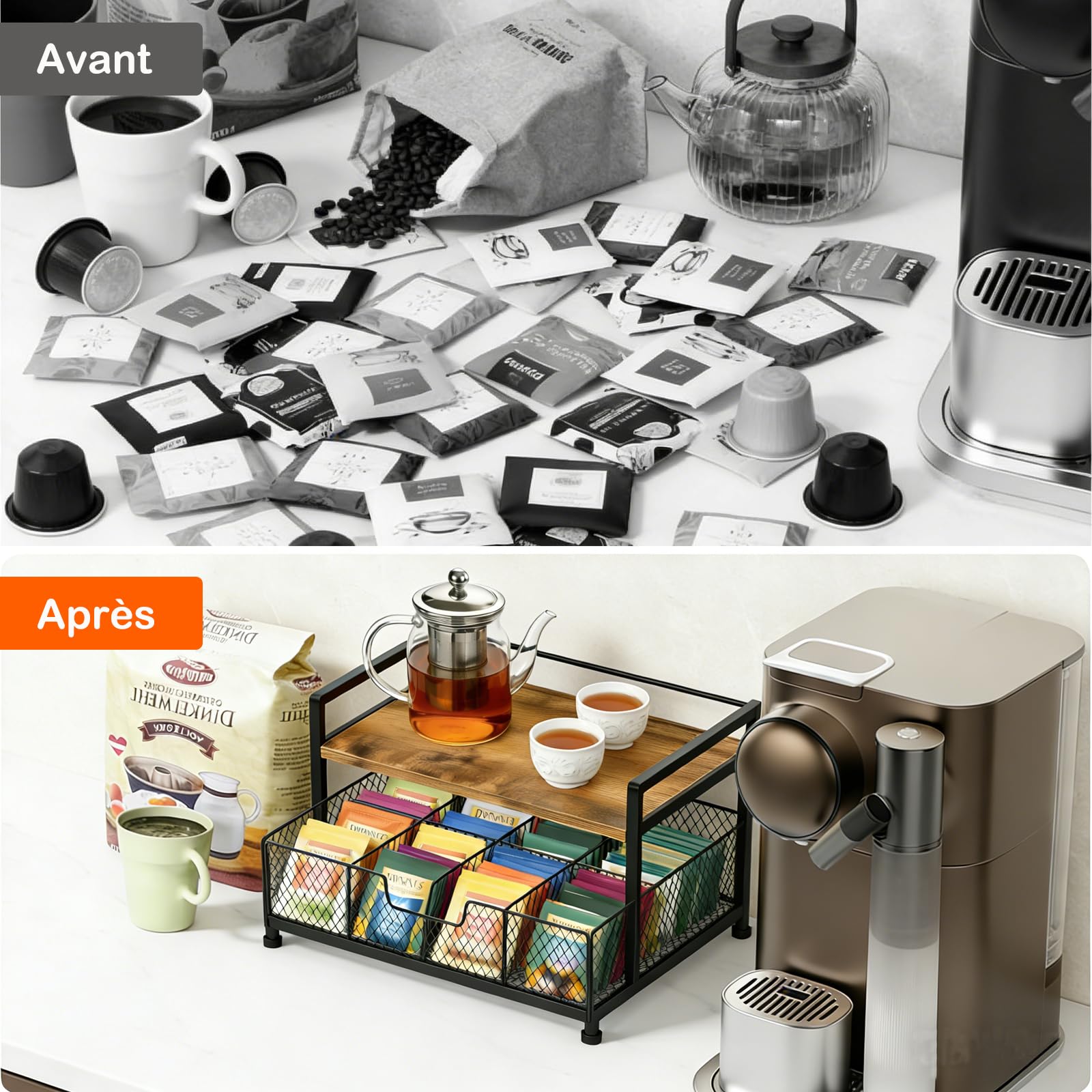 Boîte à thé, Boîte en Bois à Thé Rangement avec 8 Compartiments, Organisateur de Sachets de Thé avec Tiroir de Rangement en Métal, Boîte de Stockage Élégante pour Comptoir de Cuisine