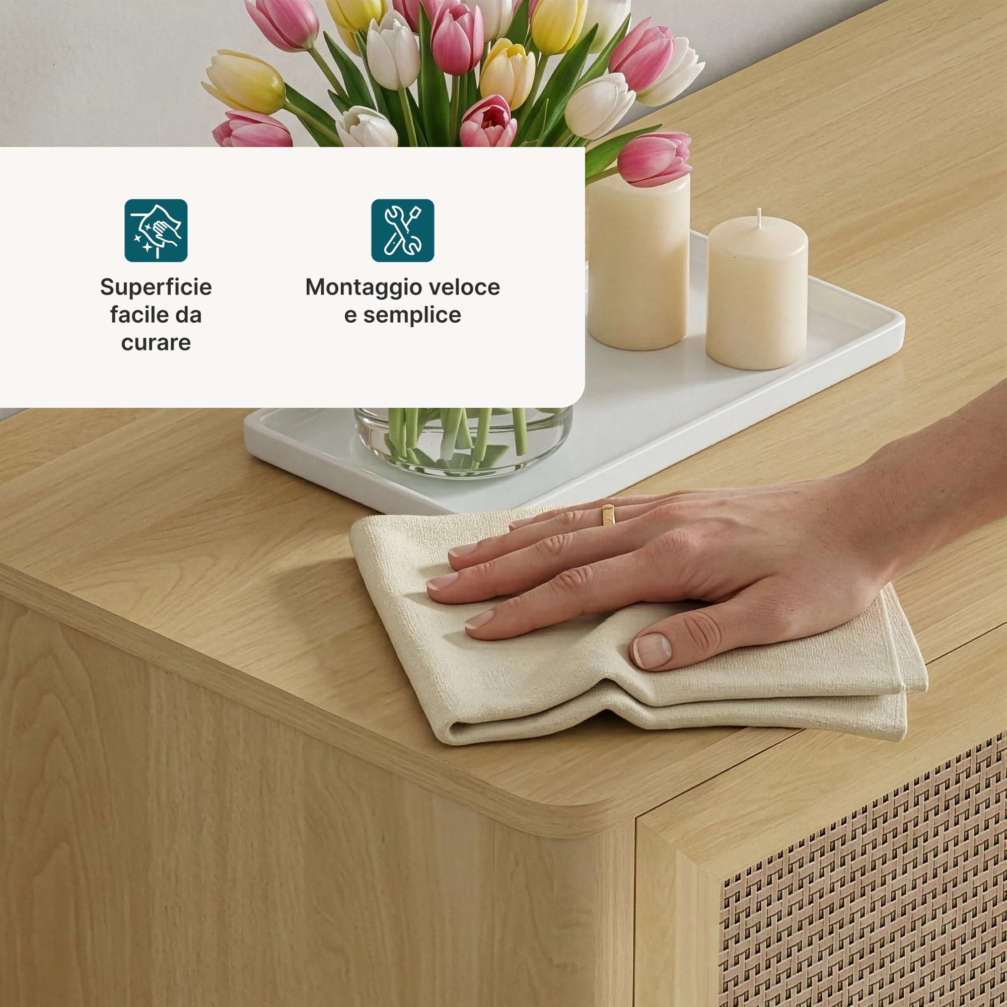 [en.casa] Mobile TV con Ante Inserto Effetto Rattan e Scomparti Aperti Porta Televisore con Fori Passacavi Stand Multimediale per Zona Living 152x40x54 cm Effetto Rovere