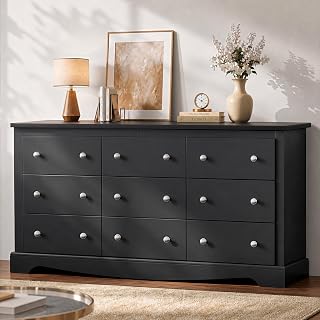 WLIVE 63" Dresser for Bedroom, Modern 9 Drawer Dresser with Exclusive Anti-Tip Structure, Large Wooden Chest of Drawers with Metal Handles for Living Room, Hallway, Closet, Home Furniture, Black